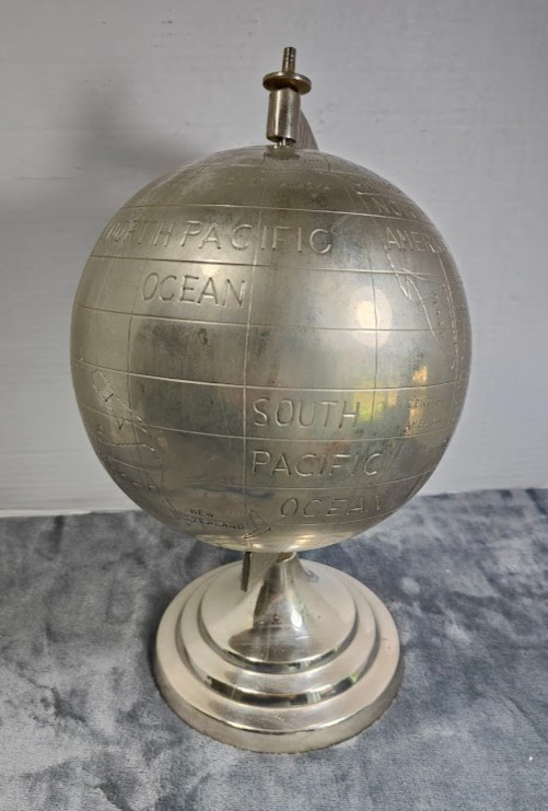 Vtg Silver Metal 13" World Globe Map Rotating Heavy 6 Lbs Desktop Office Decor