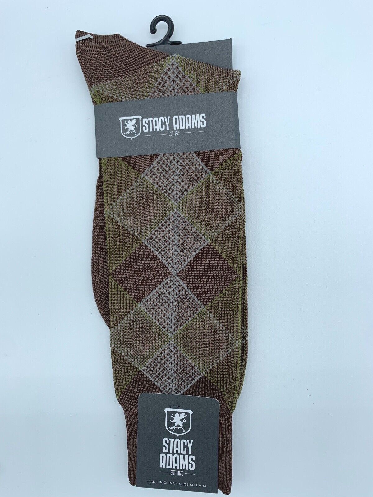 ONE PAIR STACY ADAMS MENS ARGYLE CREW SOCKS SIZE 6-12 SOFT RAYON OLIVE / BROWN