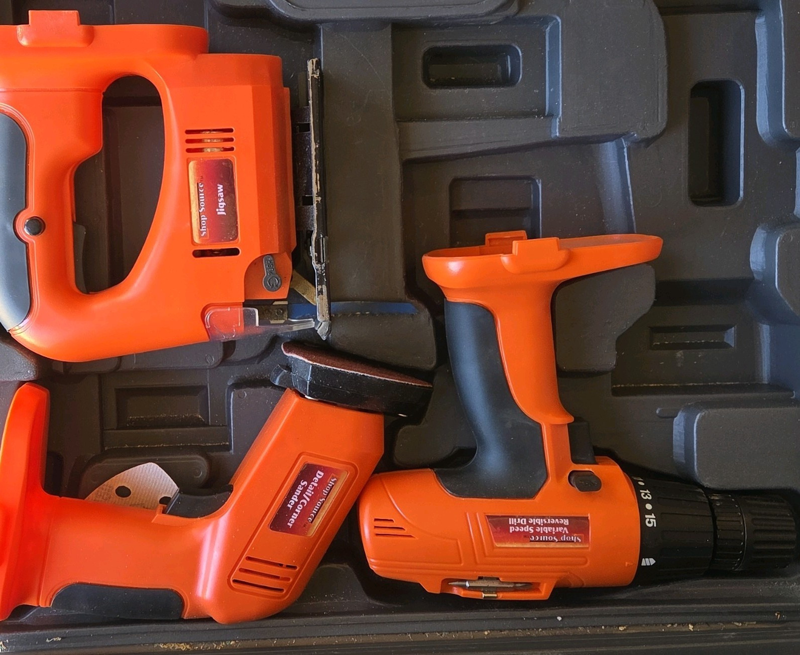 Shop Source 18V Cordless 3-Tool Set: Drill, Jigsaw, Detail Sander w/ Case