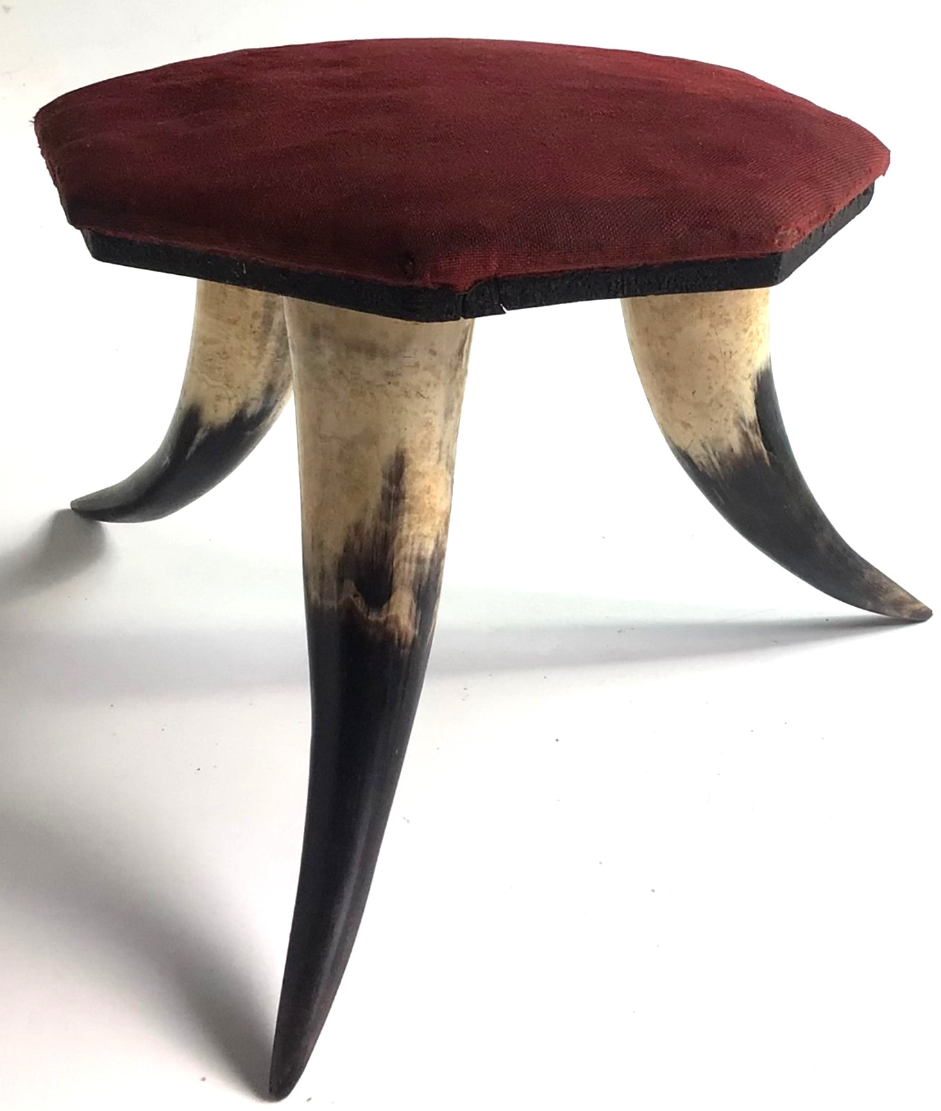 Steer Horn Footstool Velvet Octagon Folk Art Western Cowboy Lodge 19th C Antique