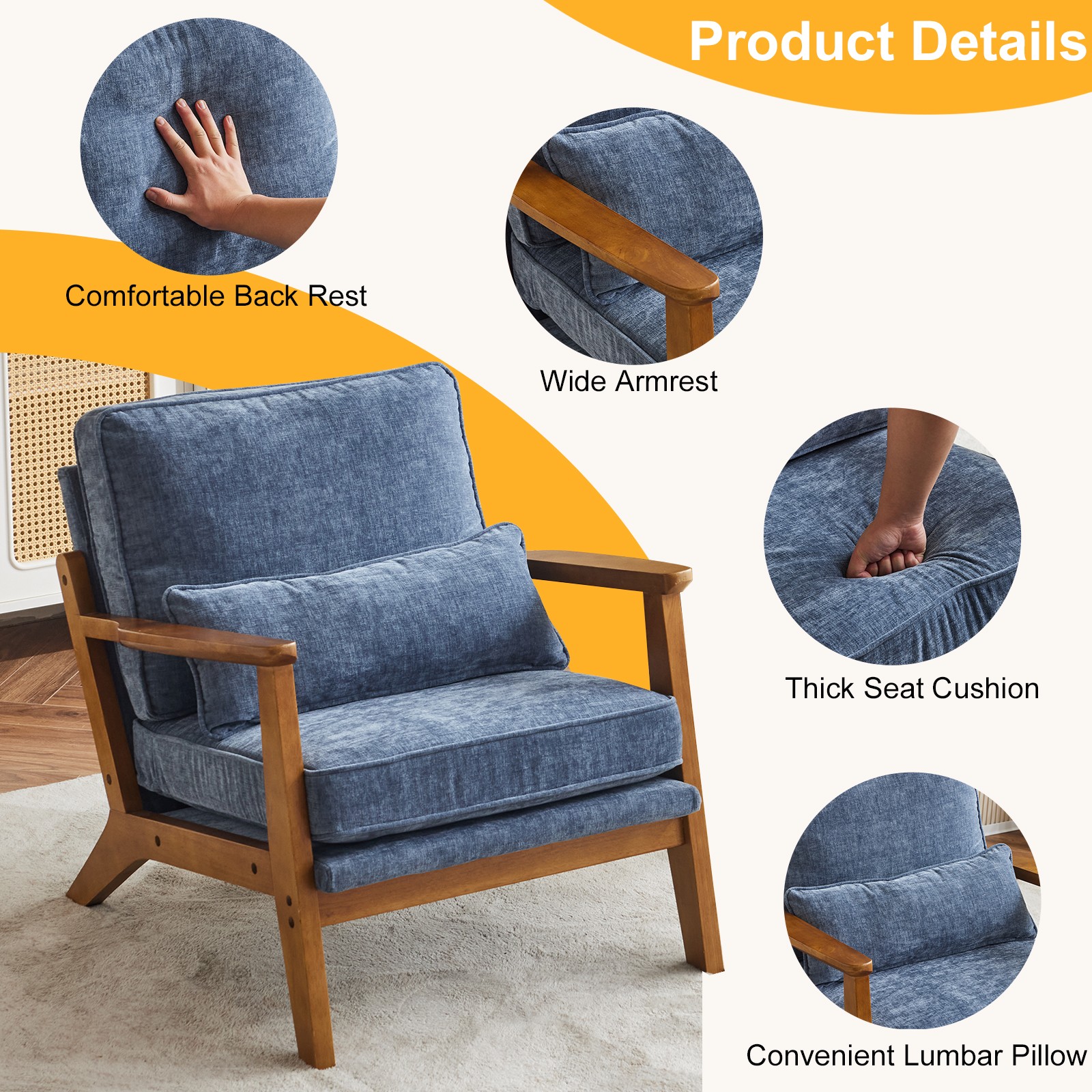 Chenille Armchair with Lumbar Pillow & Solid Wood Frame for Living Room