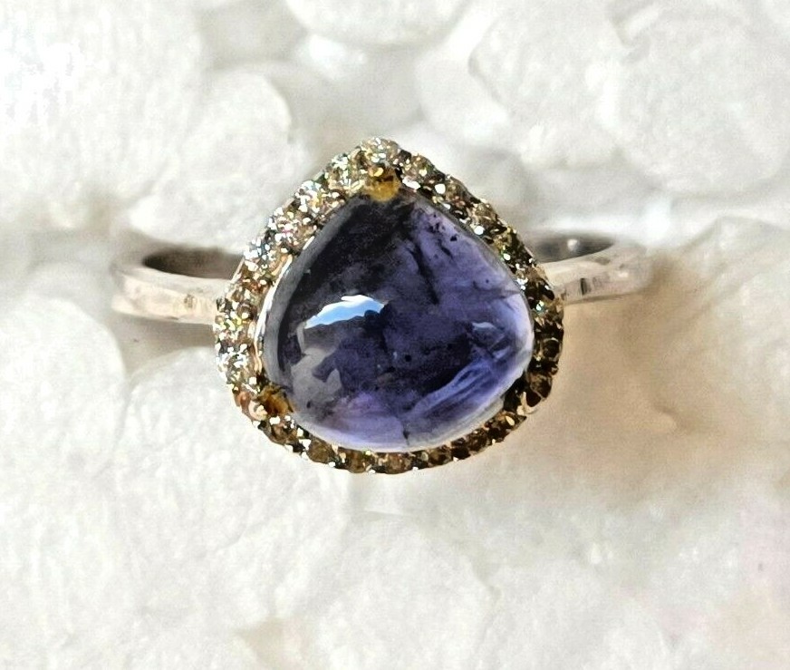 Natural Iolite with CZ Gemstone 925 Sterling Silver Engagement Ring