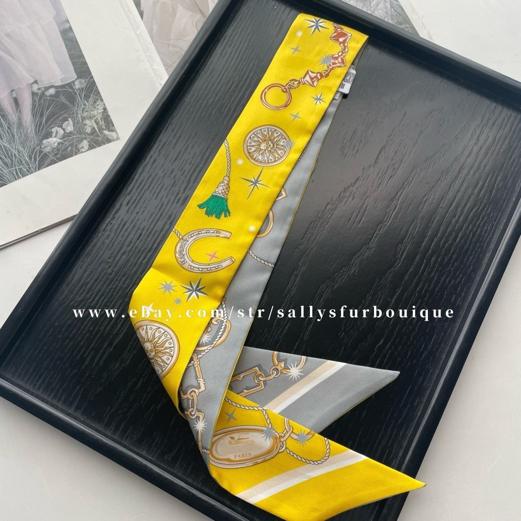Sallys 18 Momme Twill Silk Scarf Ribbon Skull Print Hair Bag Neck Tie 85*5cm