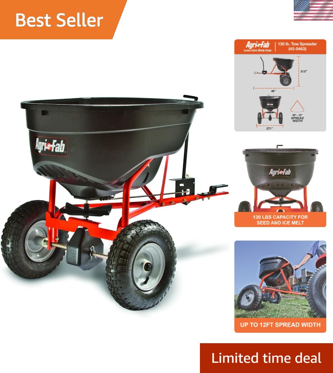 Versatile 130 lb. Broadcast Spreader with Dual Hitch for Lawns 10-12 ft Wide