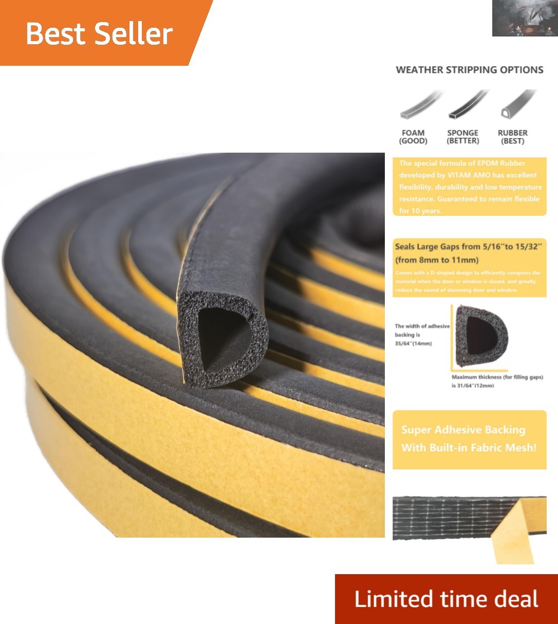 D-Shape Weather Stripping Seal - 18 Feet Multi-Purpose EPDM for Doors & Windows