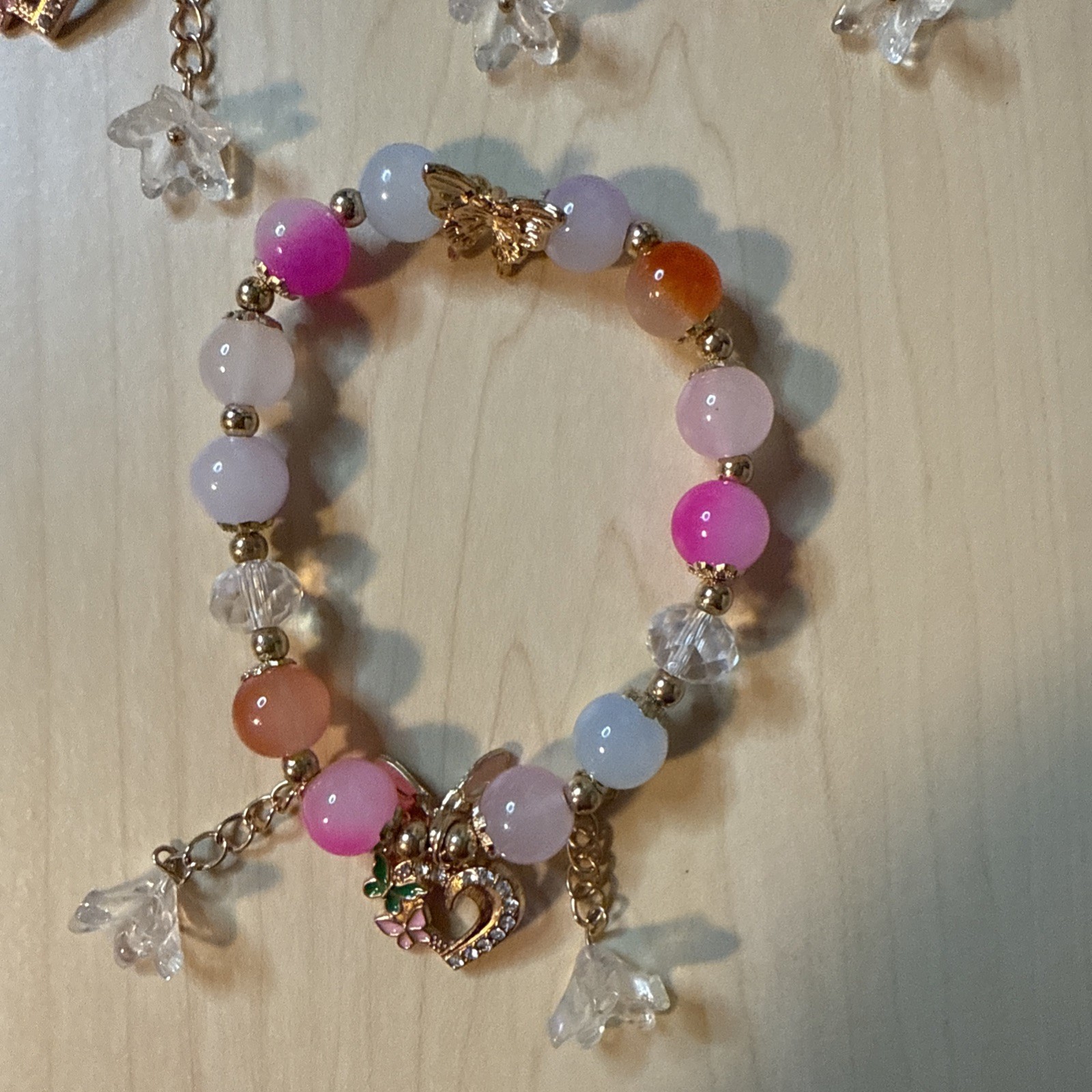 Handmade Multicolor Glass Beaded Bracelets w/ GoldTone Charms 3 pcs Stackable