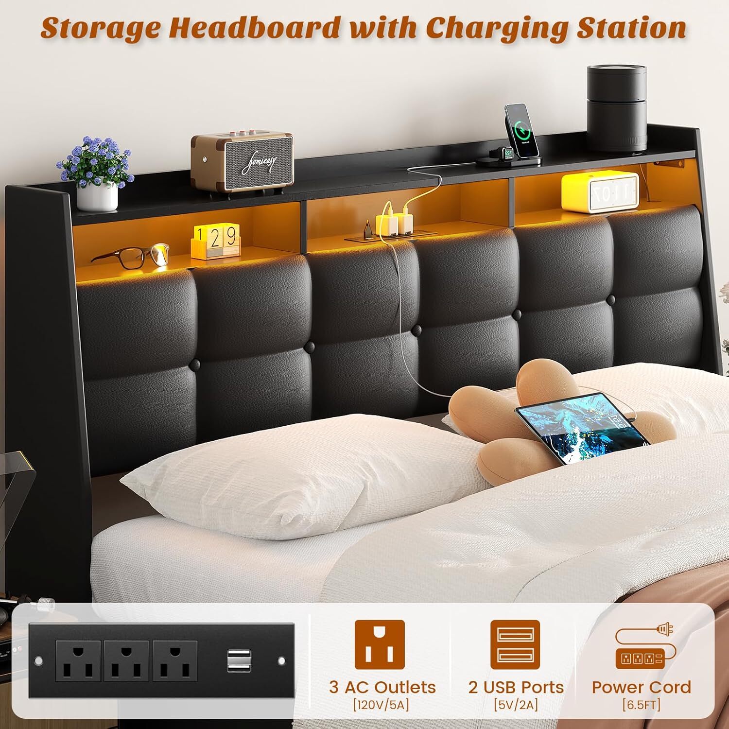Homieasy Bed Frame with 4 Drawers ＆ Upholstered Headboard ＆ LED Lights ＆ Outlets