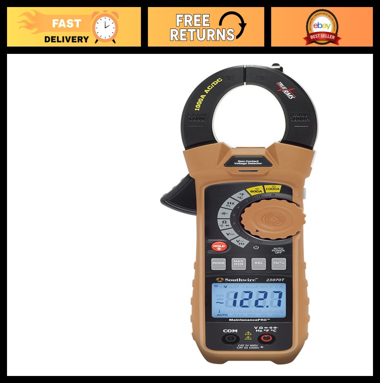 Clamp Meter 1000A True RMS AC/DC - Voltage Detector, LED Work Light, CAT IV 600V