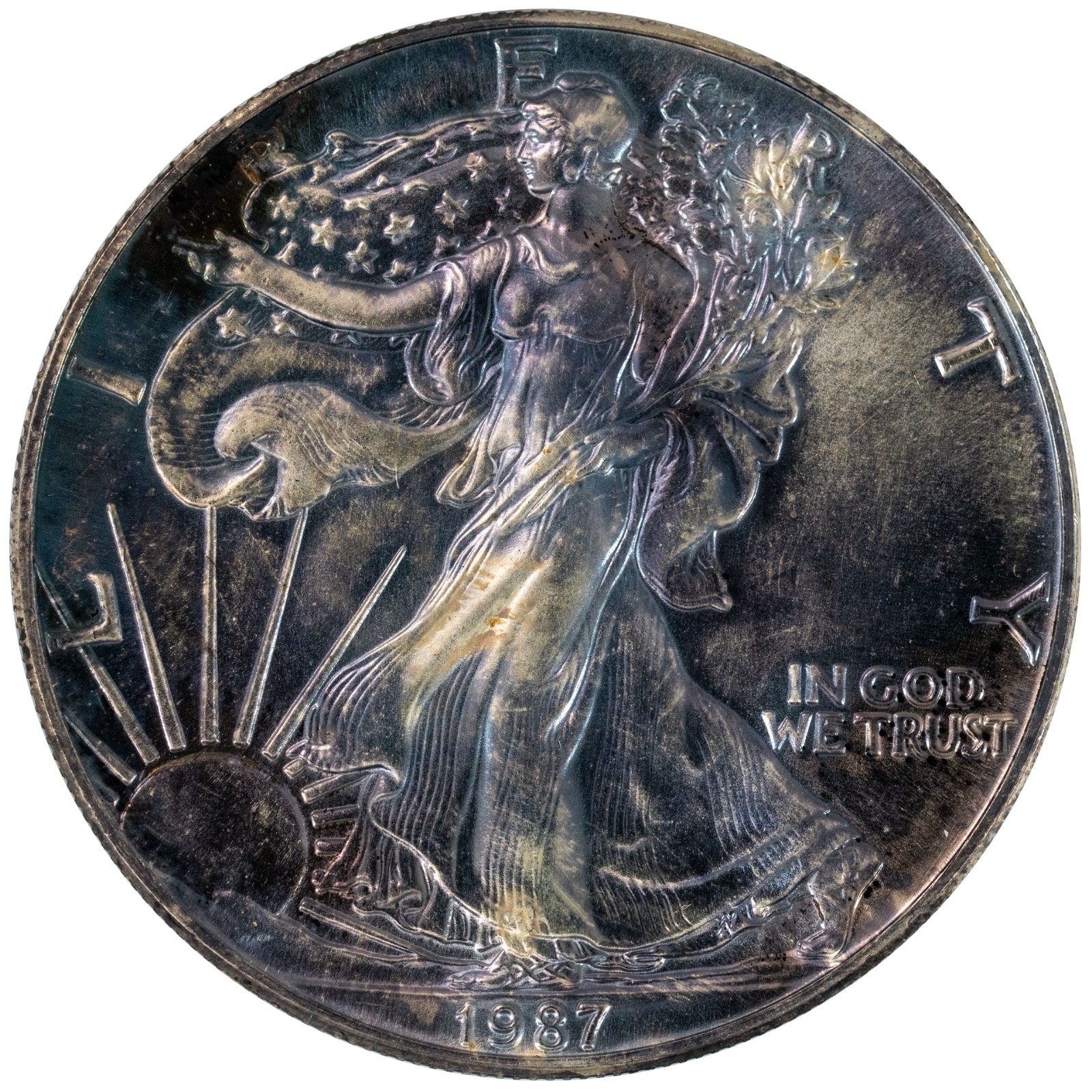 1987 1oz Silver Eagle STUNNING Obverse Violet Toning - Premium Gem Uncirculated