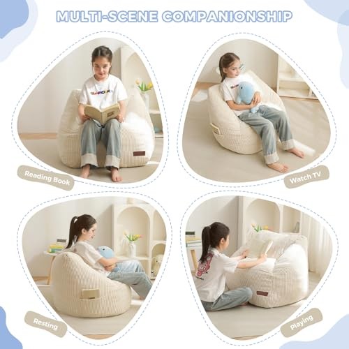 Kids Bean Bag Chair, Bean Bag Couch with Handle, Comfy Toddler Standard Beige