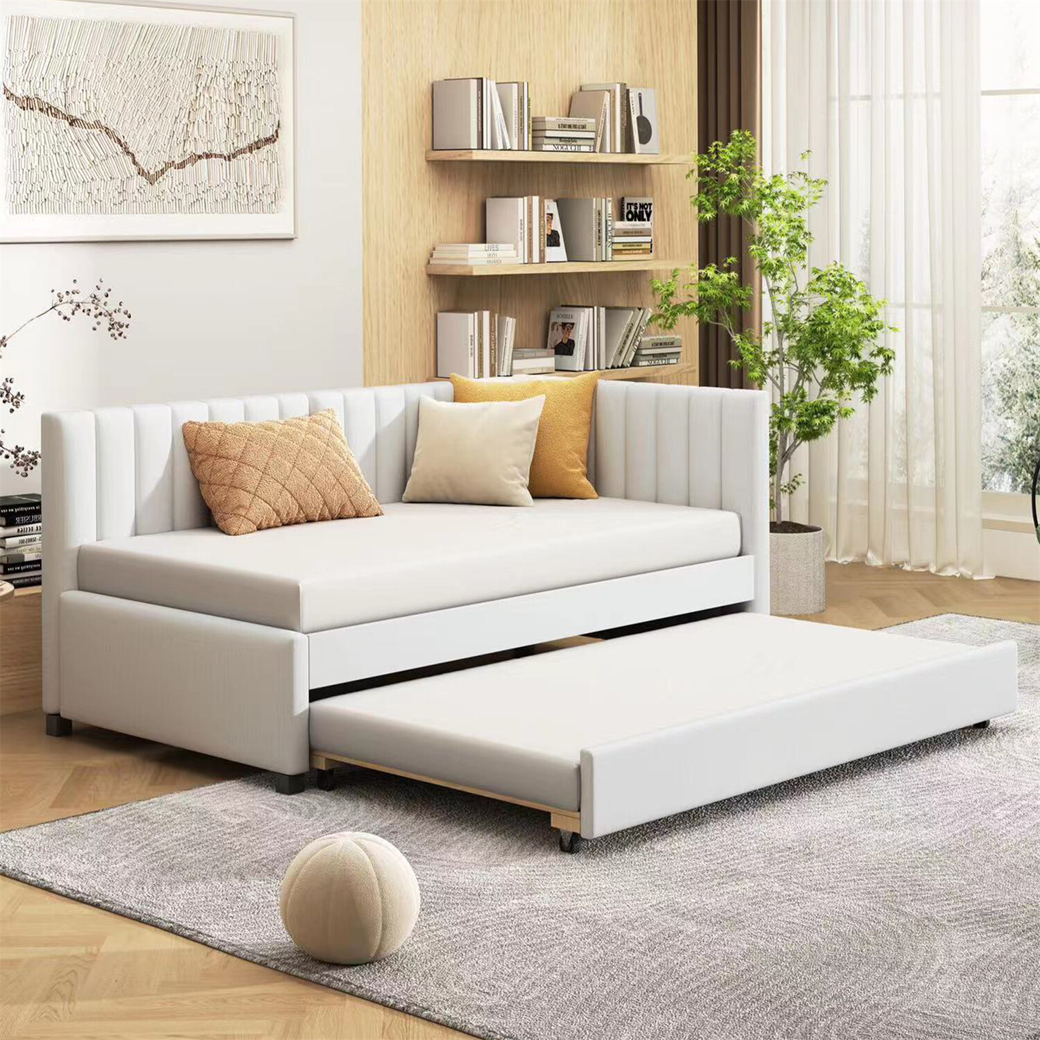Twin Size Daybed with Pull-Out Trundle Linen Upholstered Bed Frame Sofa Bed US