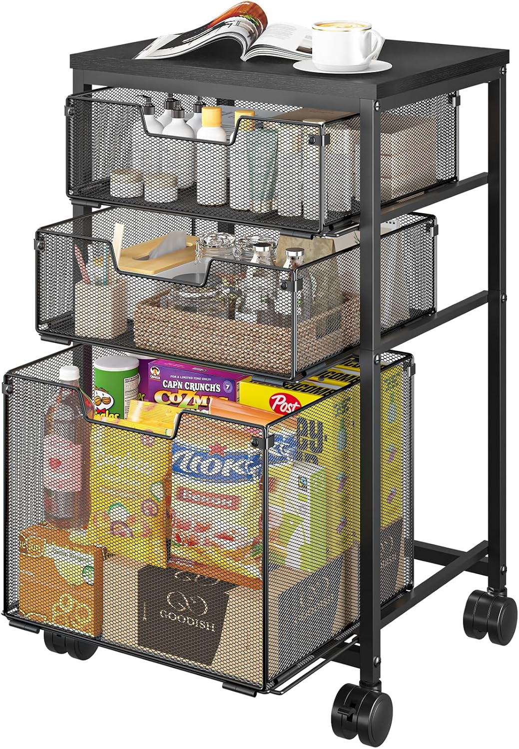 Rolling Storage Cart with 1 Large+2S Drawers, Metal Utility Cart on Wheels with