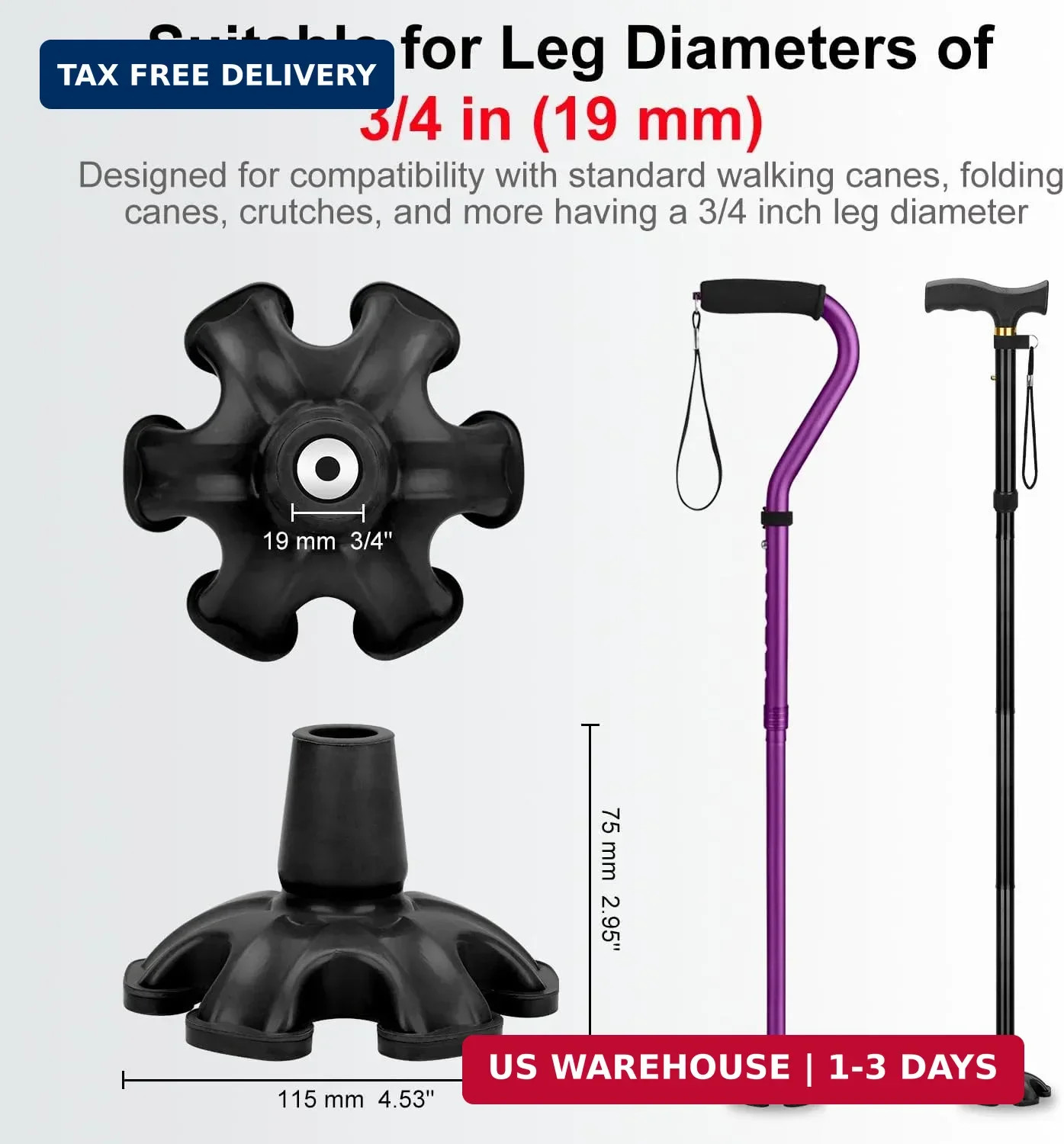 supregear Cane Tip - Self Standing 6 Prong Support Rubber Base for Walking Stick