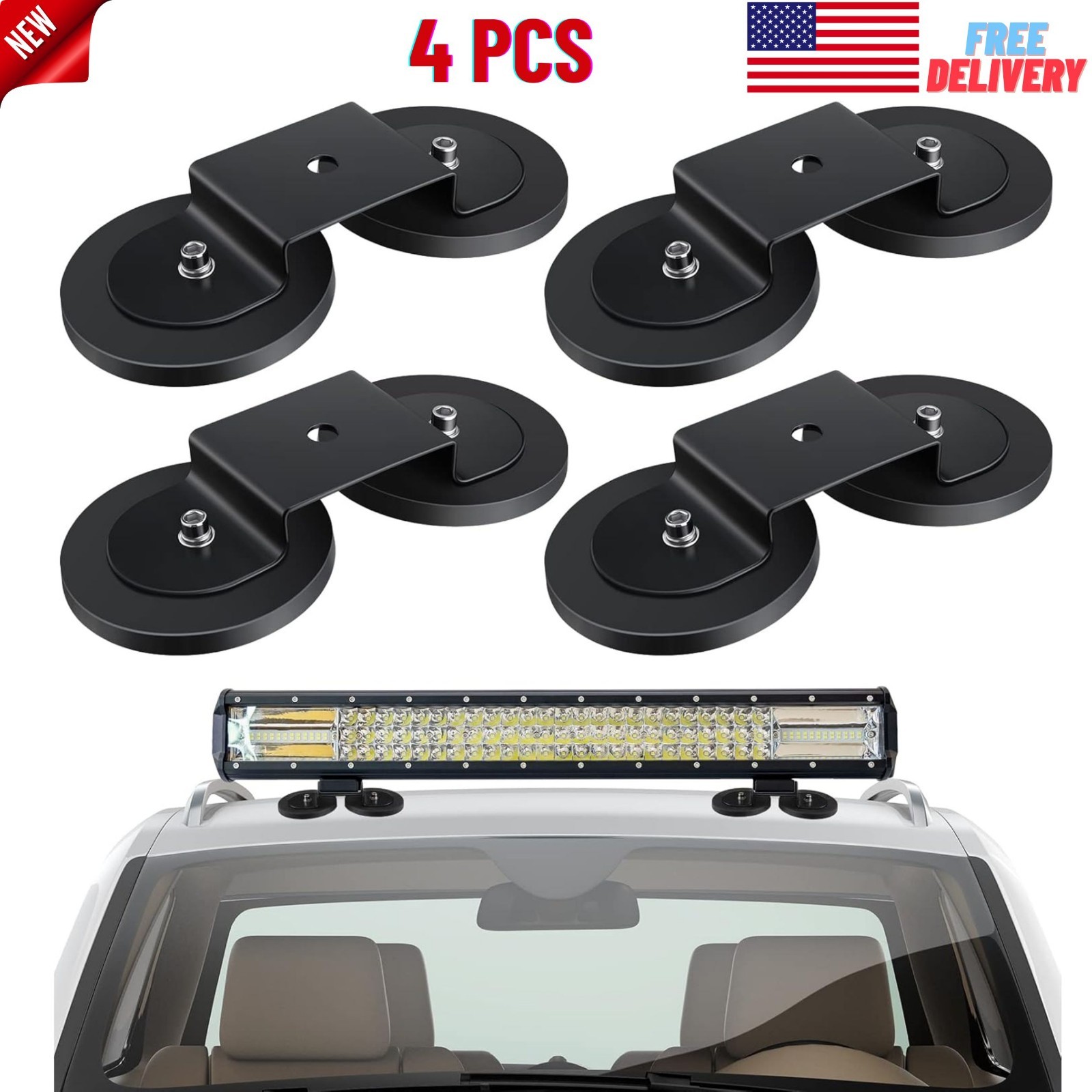4Pcs Magnetic Mount Holder w/ Rubber Pad for SUV Truck Lamp Roof Bar Fog Light