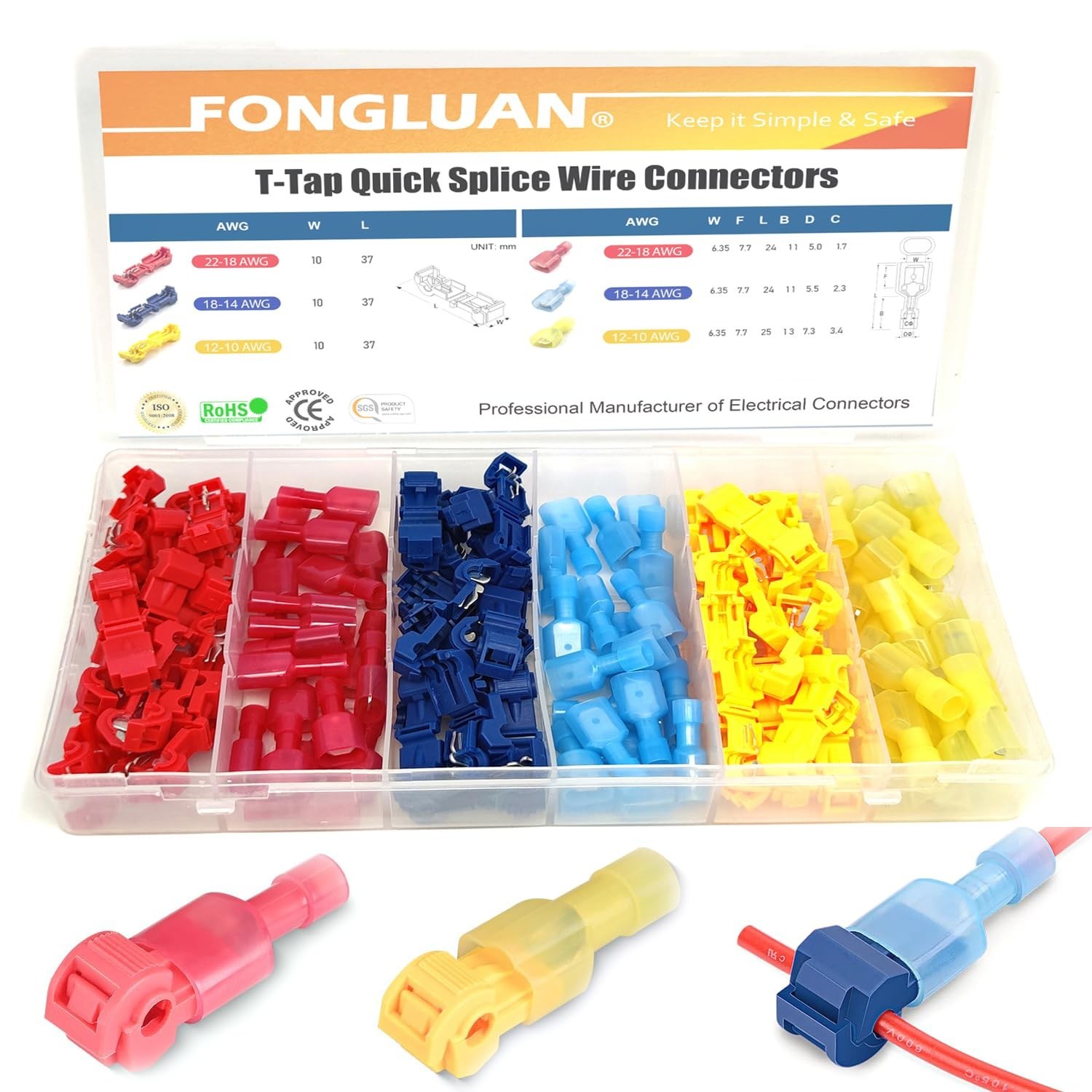 120Pc T-Tap Quick Splice Wire Connectors 24-10 Gauge Disconnects Crimp Terminals