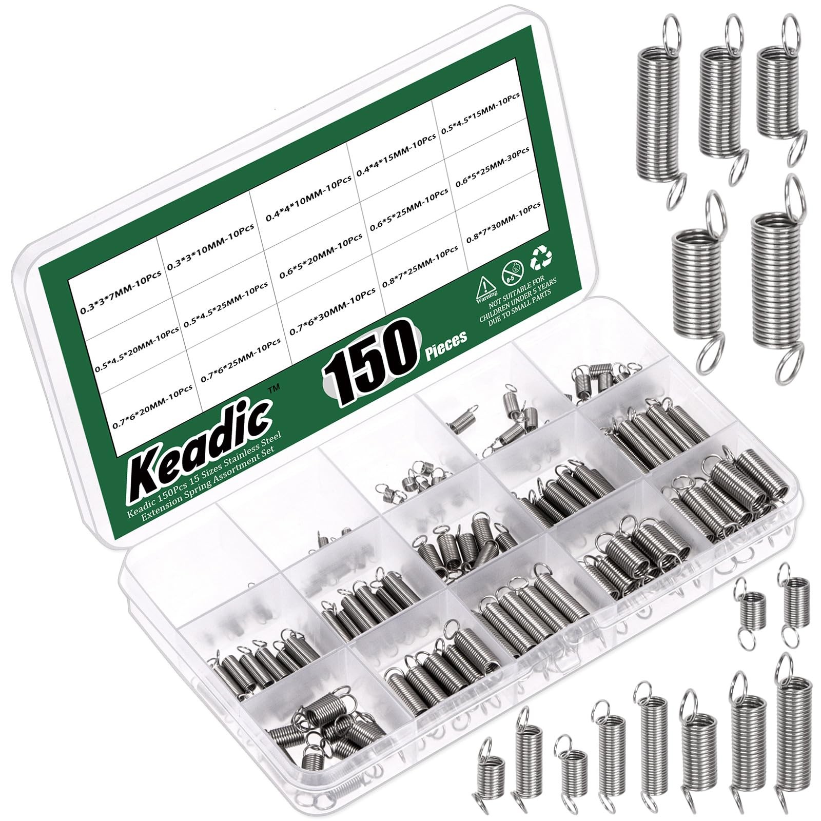Stainless Steel Extension Spring Assortment Set 15 Sizes Small 150 PCS