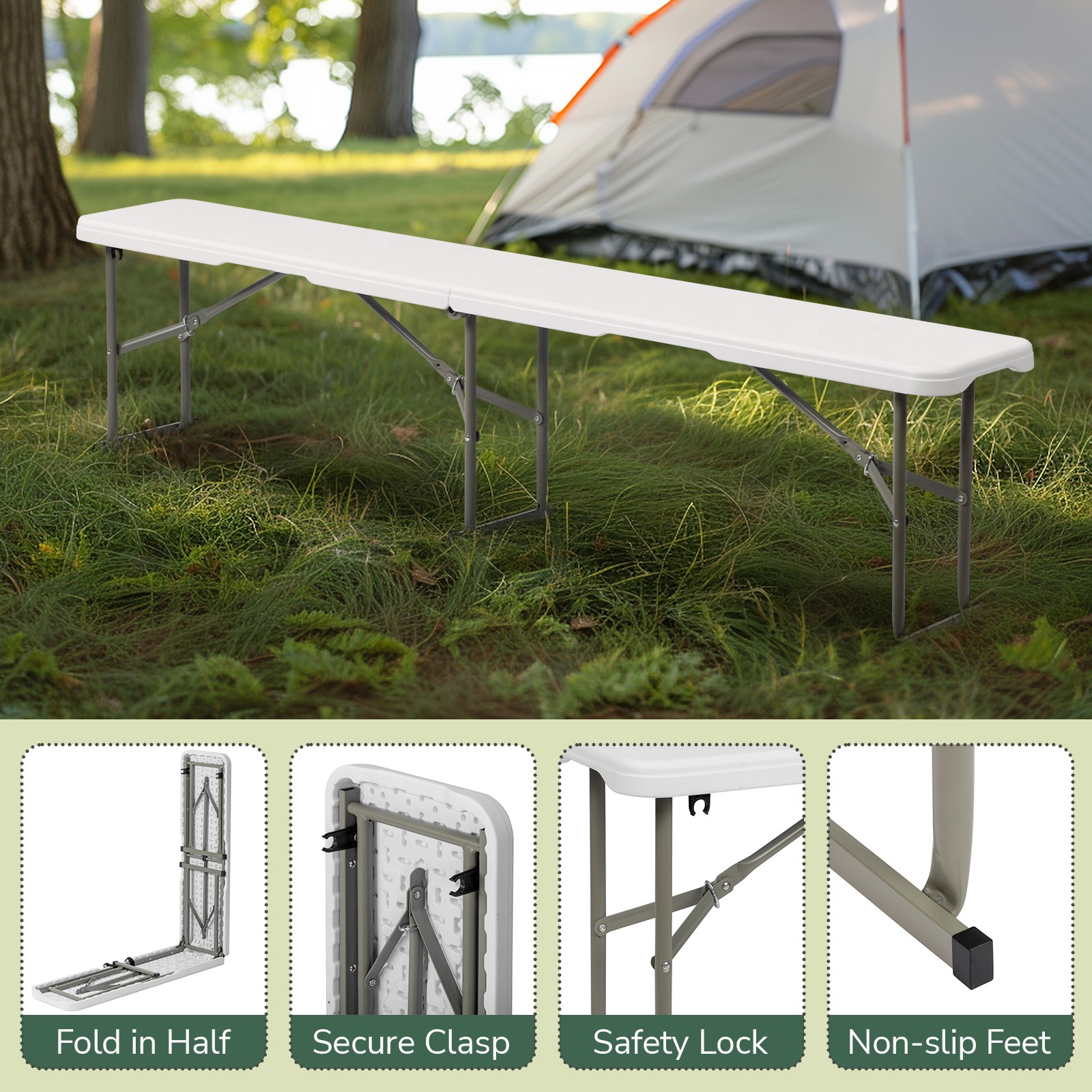 6 FT Plastic Patio Folding Bench Tabletop Garden Party for In/Outdoor Picnic