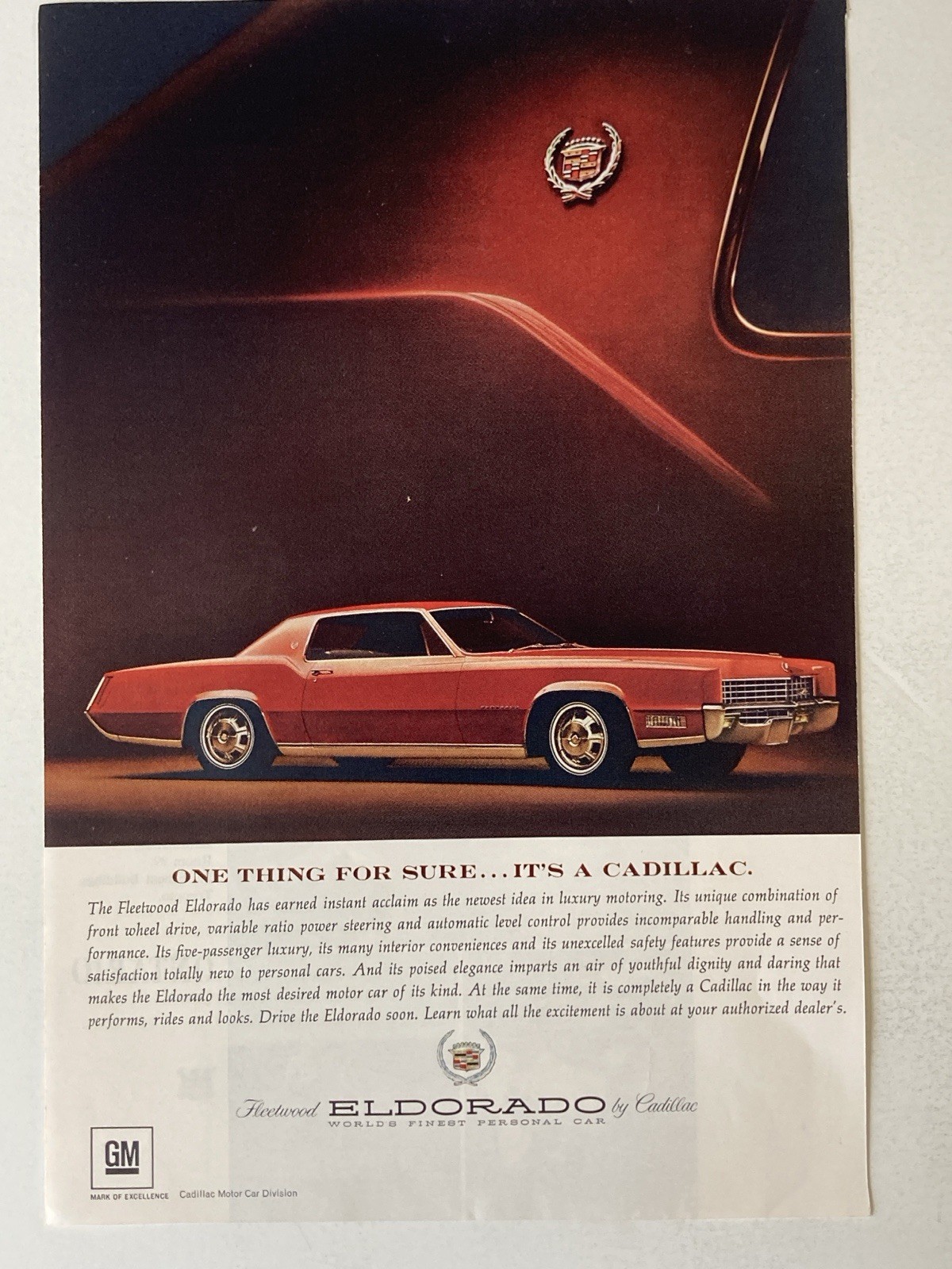 1967 Cadillac Eldorado Print Ad One Thing For Sure