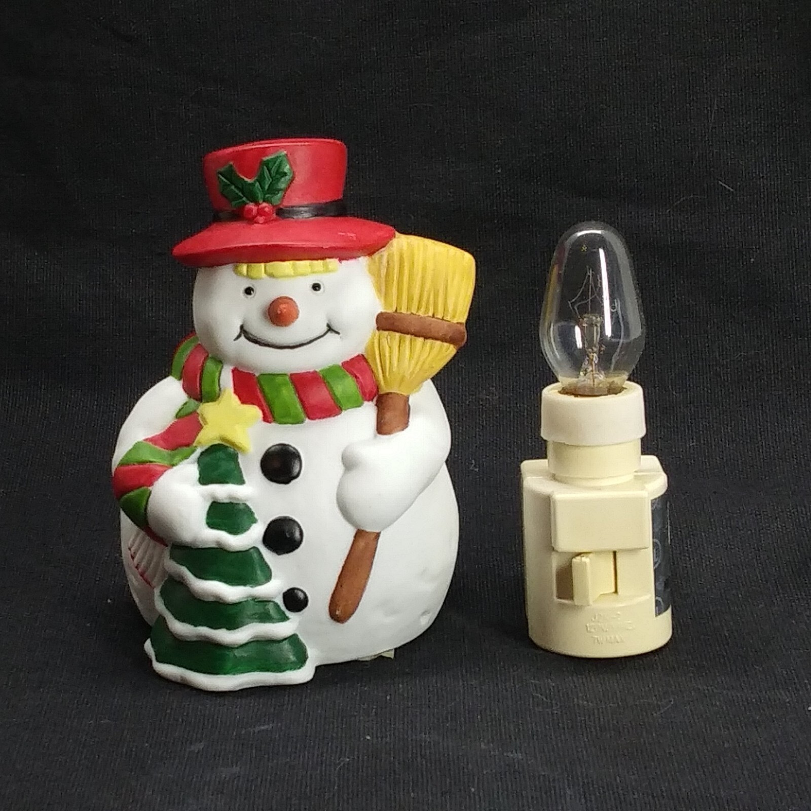 Vintage Ceramic Snowman in Red Hat Night Light with Switch 5.75" Tall EUC