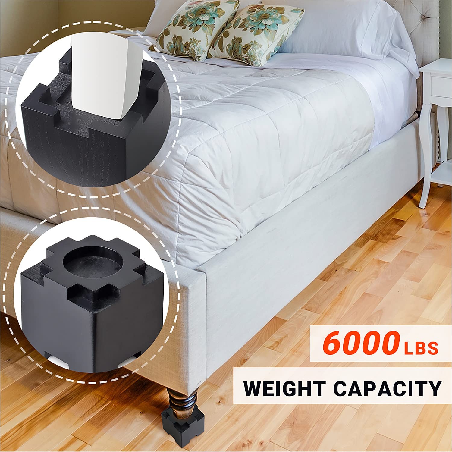 Black Wood Bed Risers NonSlip Rubber Pad Stackable Lifts Extenders 4 Pack