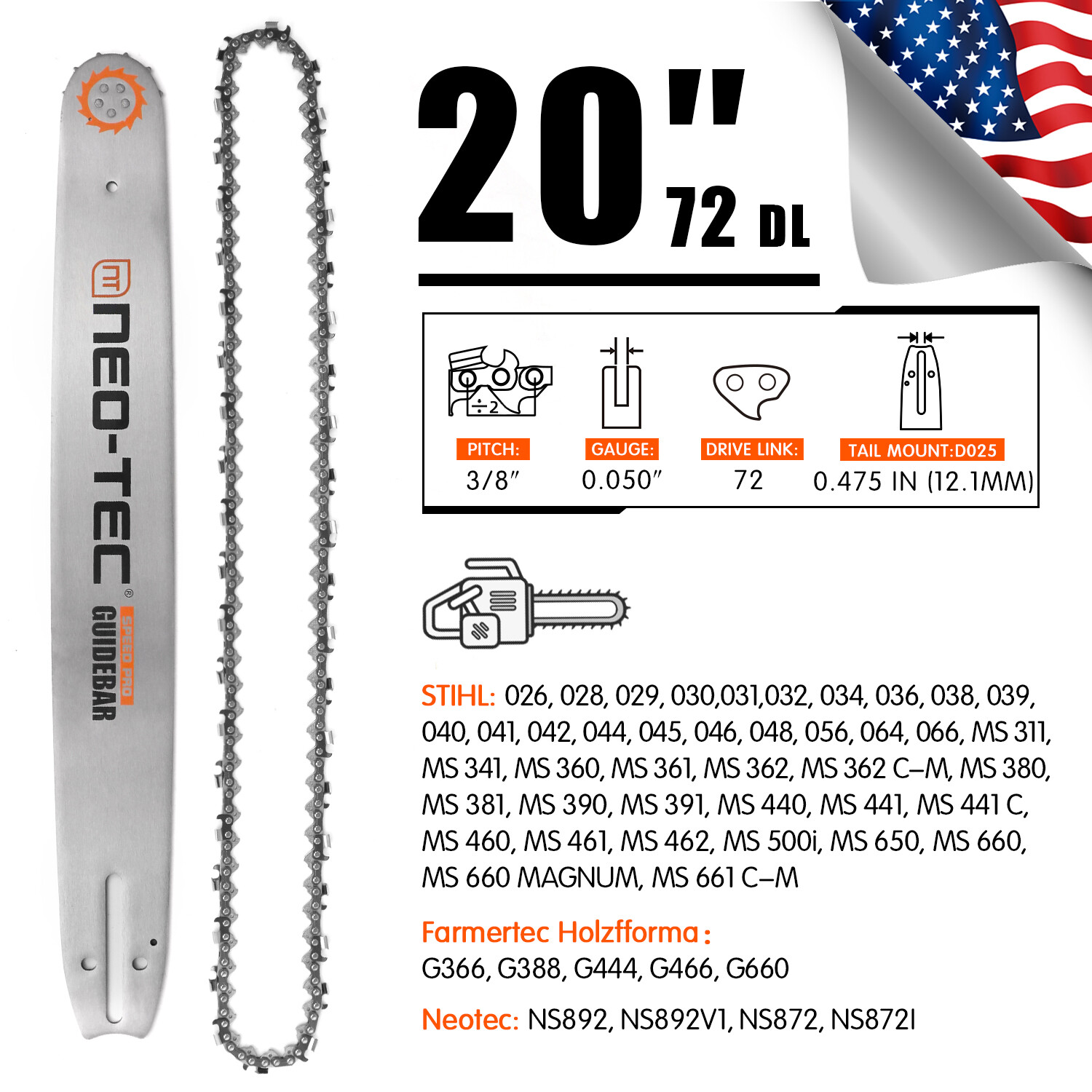20'' Chainsaw Bar Chain 3/8'' 0.050'' 72DL Fit For STIHL MS311 MS391 MS441 MS460