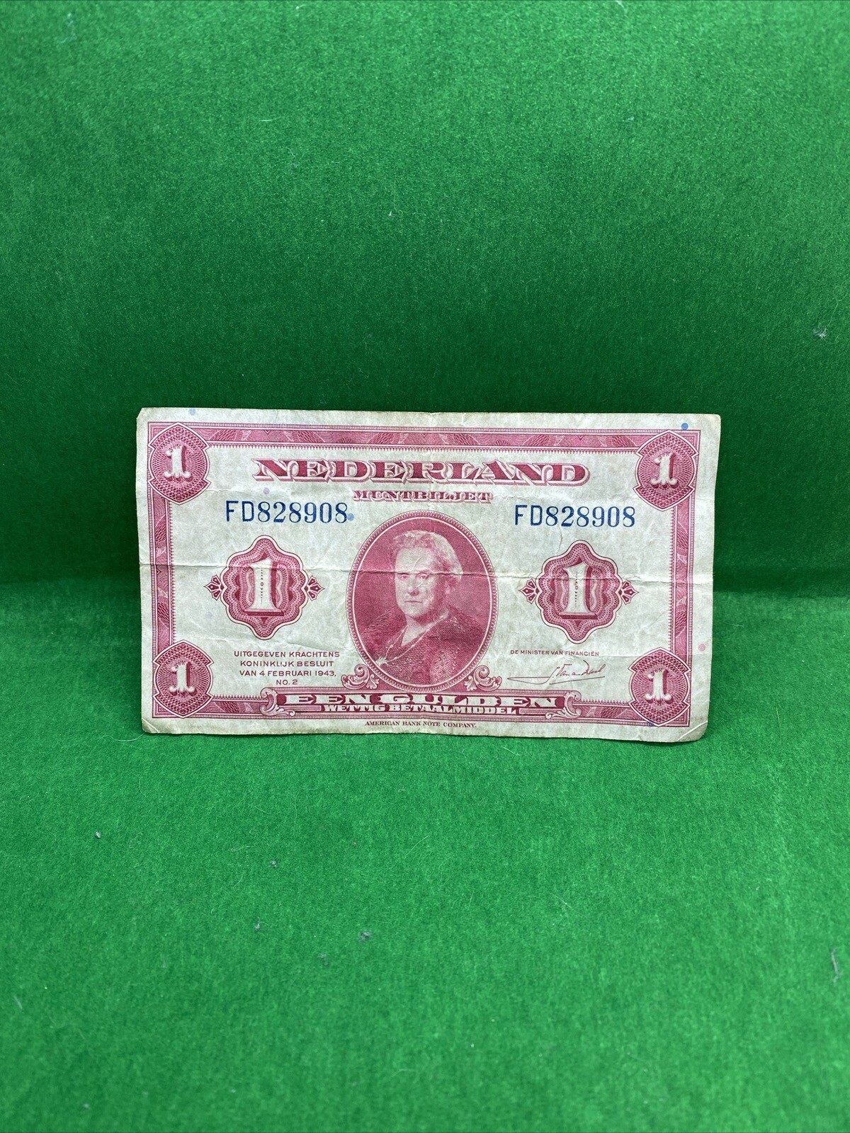 NETHERLANDS 1 Gulden 1943 Dutch Muntbiljet Currency Money Banknote Unc WW2