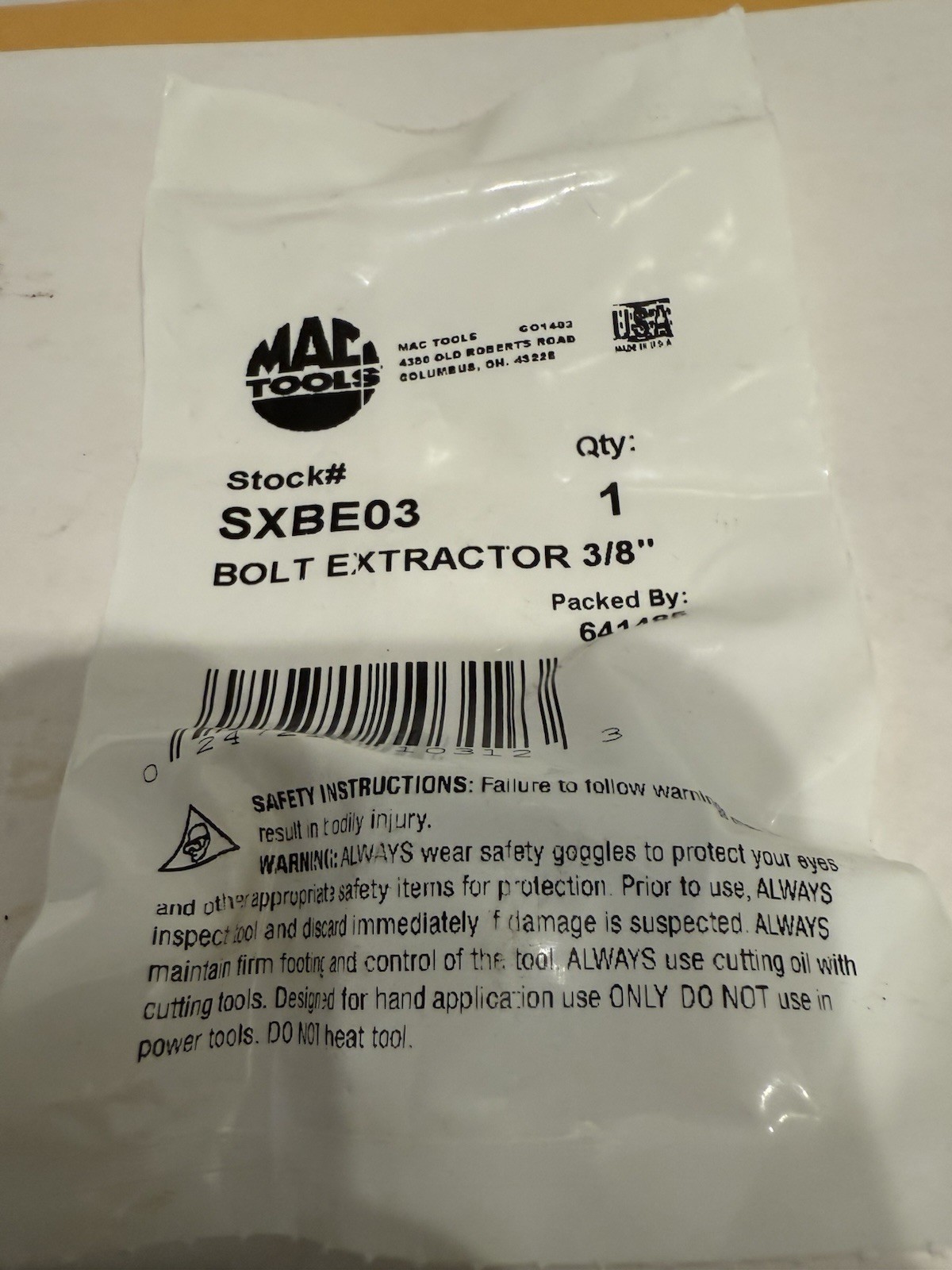 New Mac Tools SXBE03 Bolt Extractor, 3/8”