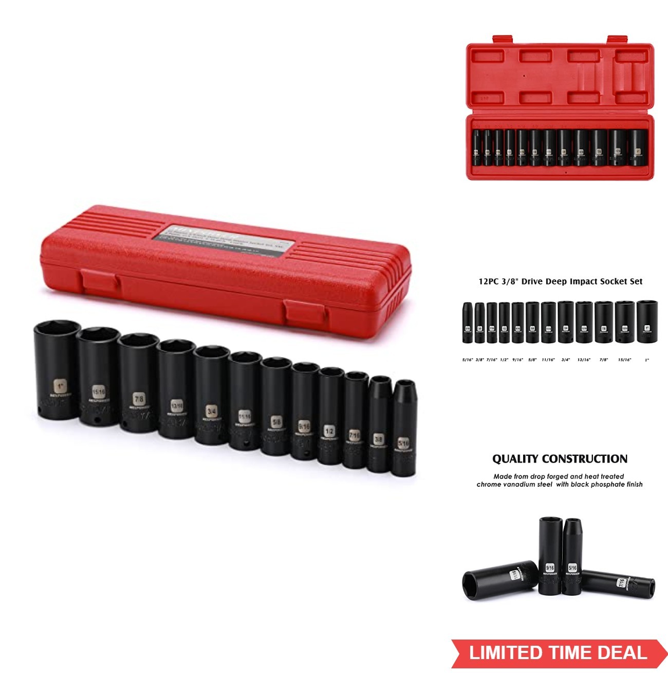 3/8 Inch Drive Deep Impact Socket Set 12 Piece SAE 6 Point CR-V Steel Sizes