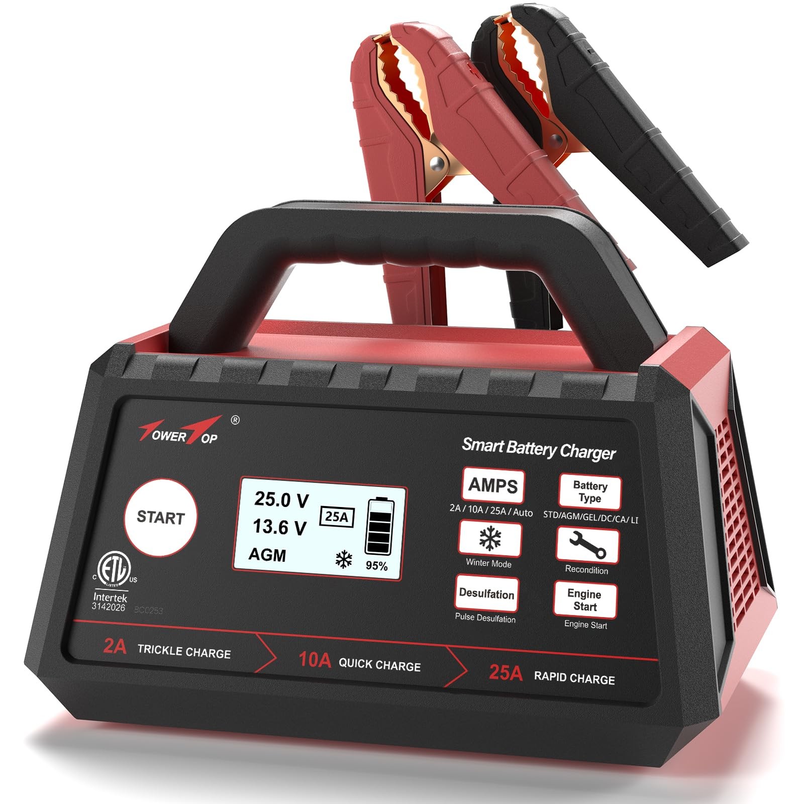TowerTop 2/10/25 Amp 12V Smart Car Battery Charger, Fully Automatic 25A