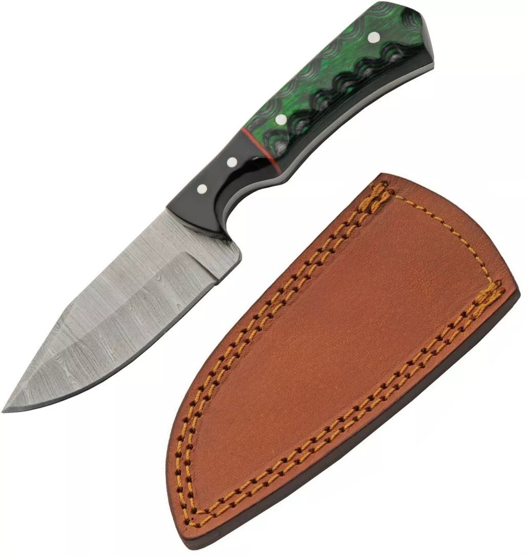 Damascus Fixed Knife 3 Damascus Steel Skinner Blade Black/Green Pakkawood Handle