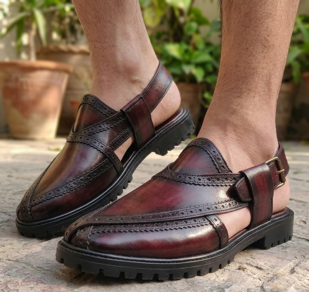 Men's Handmade Peshawari Chappal Leather Sandals Burgundy Wingtip Kaptaan Shoes