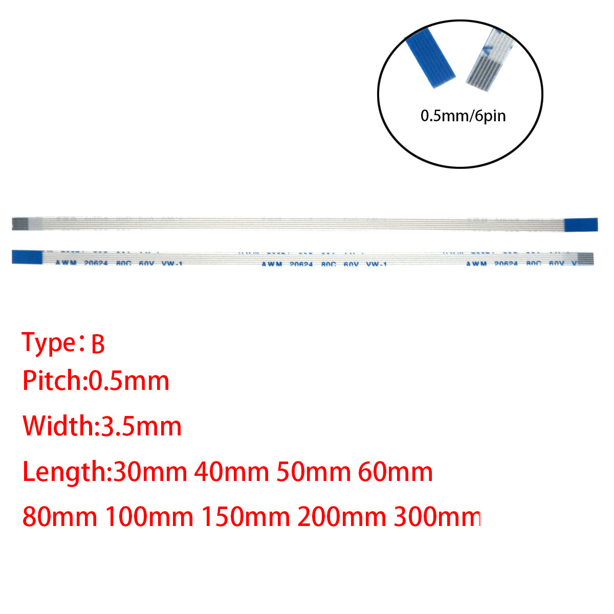 6Pin 0.5mm Pitch FFC FPC Flexible Flat Cable Reverse Side AWM VW-1 20624 80C 60V