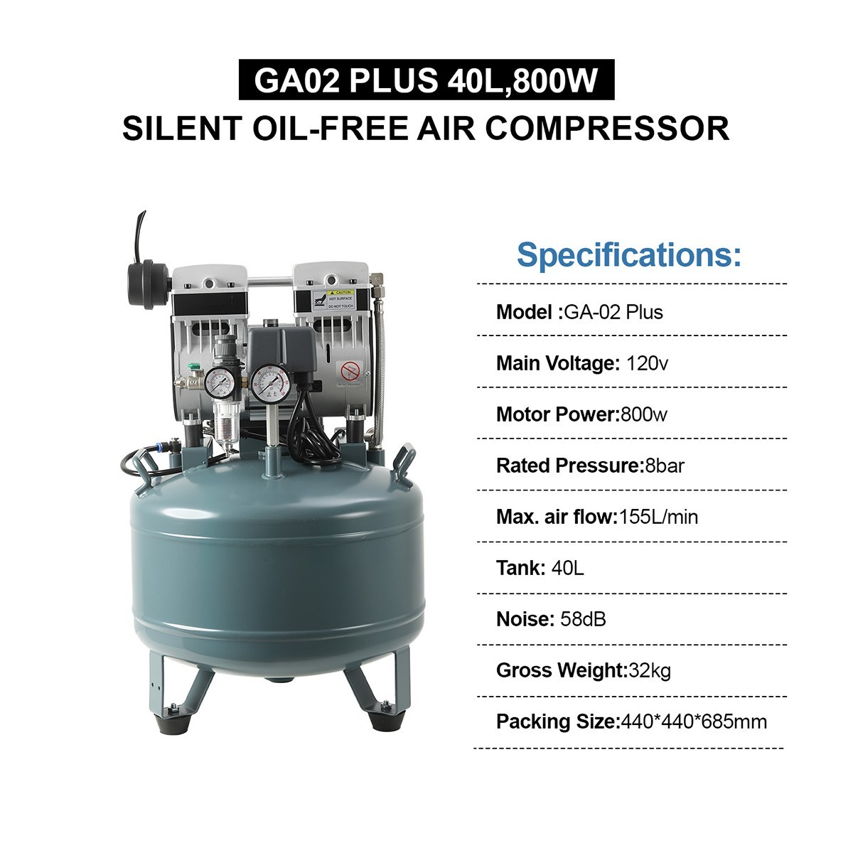 Silent Oil-Free Air Compressor Dental 40L 800W Low Noise 58dB Air Tank Clean