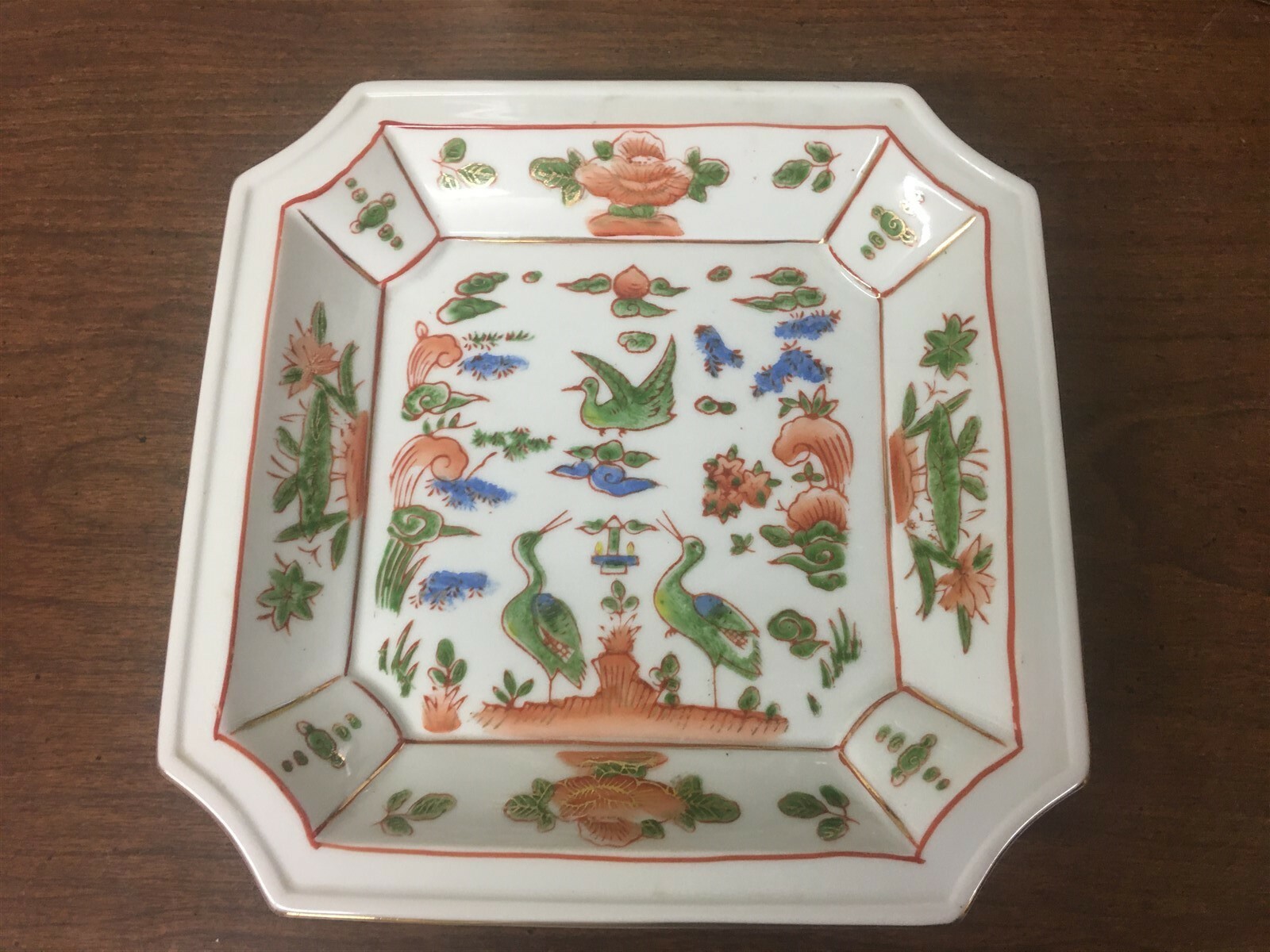 Lovely 7-1/2" Square Oriental Candy Dish Green Birds