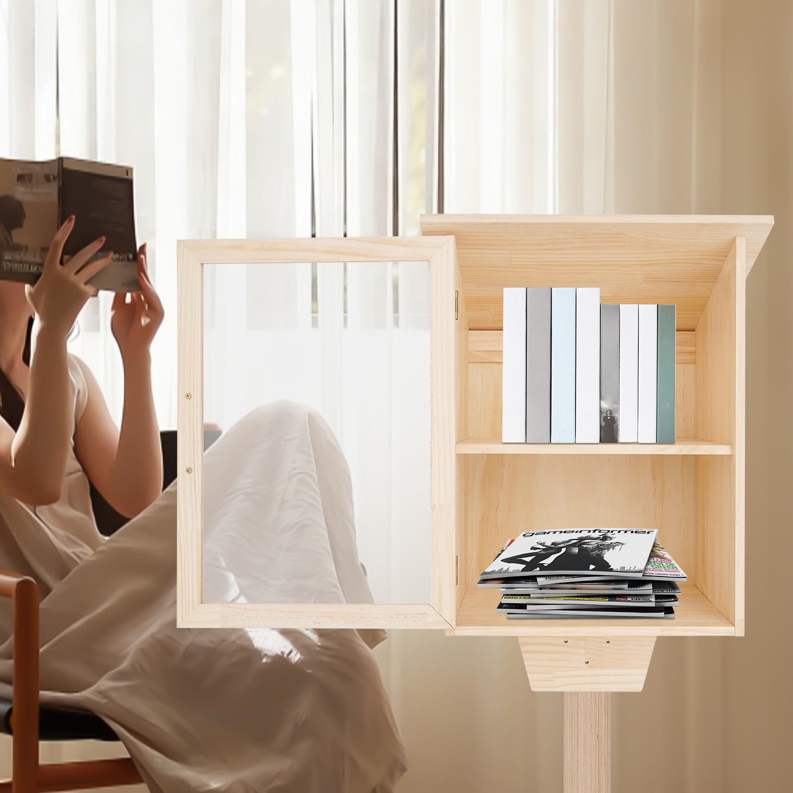 2 Tiers Book Storing Cabinet, Single-Door Wooden Bookcase, Newspapers Cabinet
