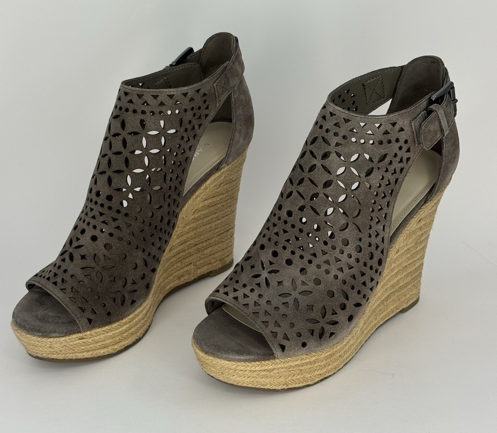 Marc Fisher Wedge Sandals 8M Taupe Peep Toe Espadrille Laser Cut New In Box