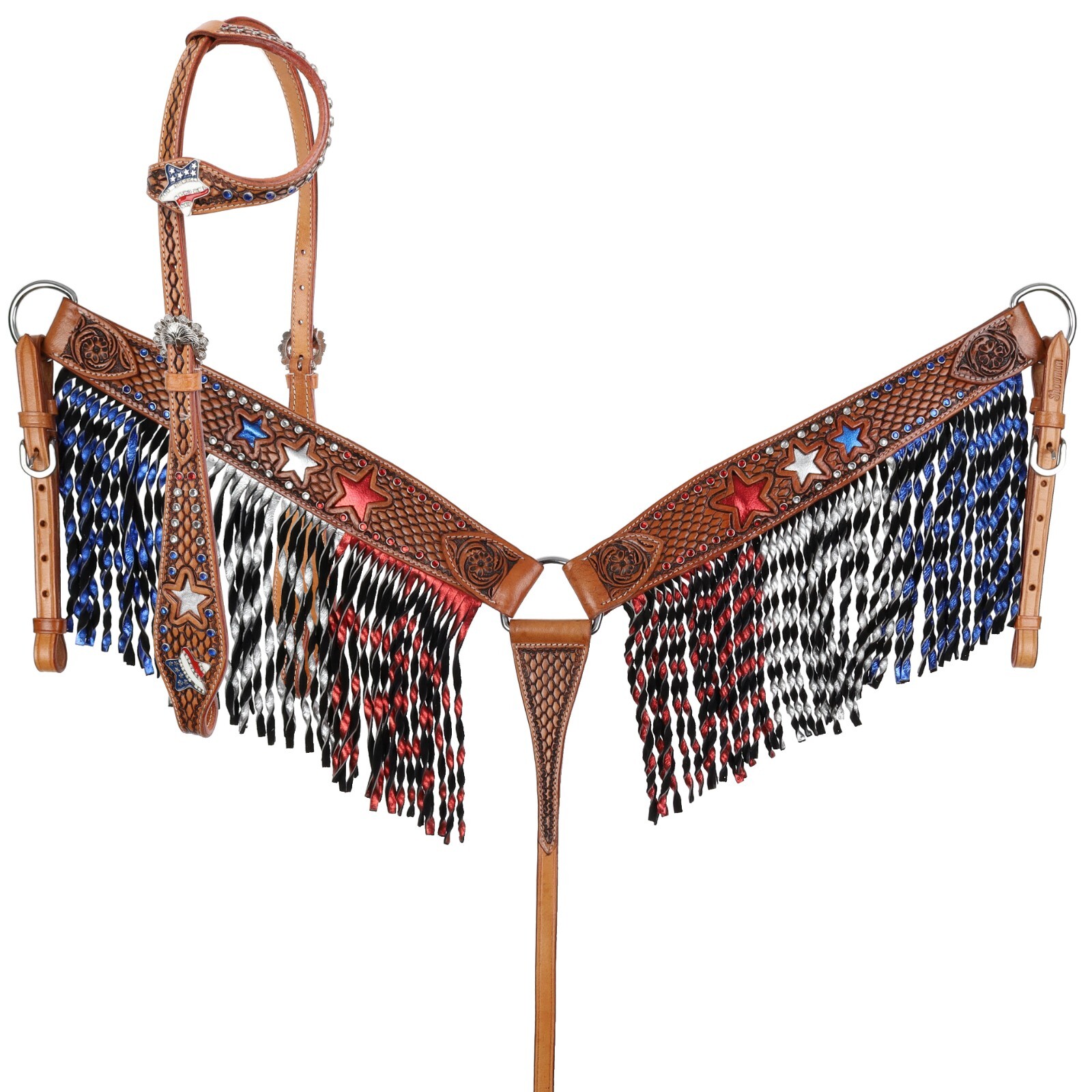 Metallic Red White Blue Inlay Freedom Star Headstall & Fringe Breast Collar NEW