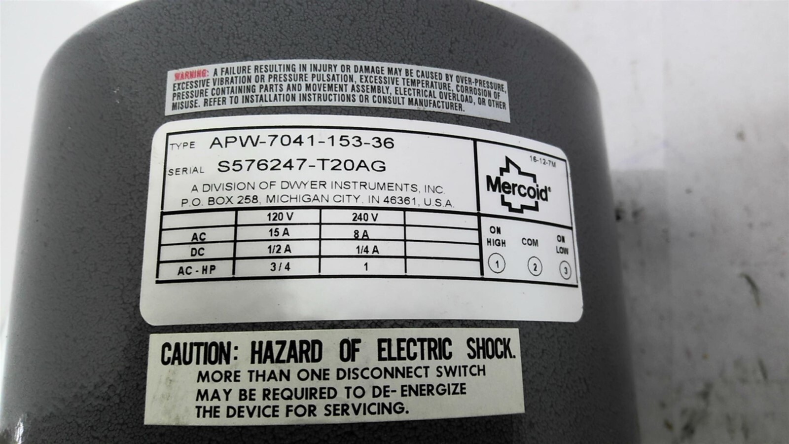 Mercoid APW-7041-153-36 Diaphragm Pressure Switch