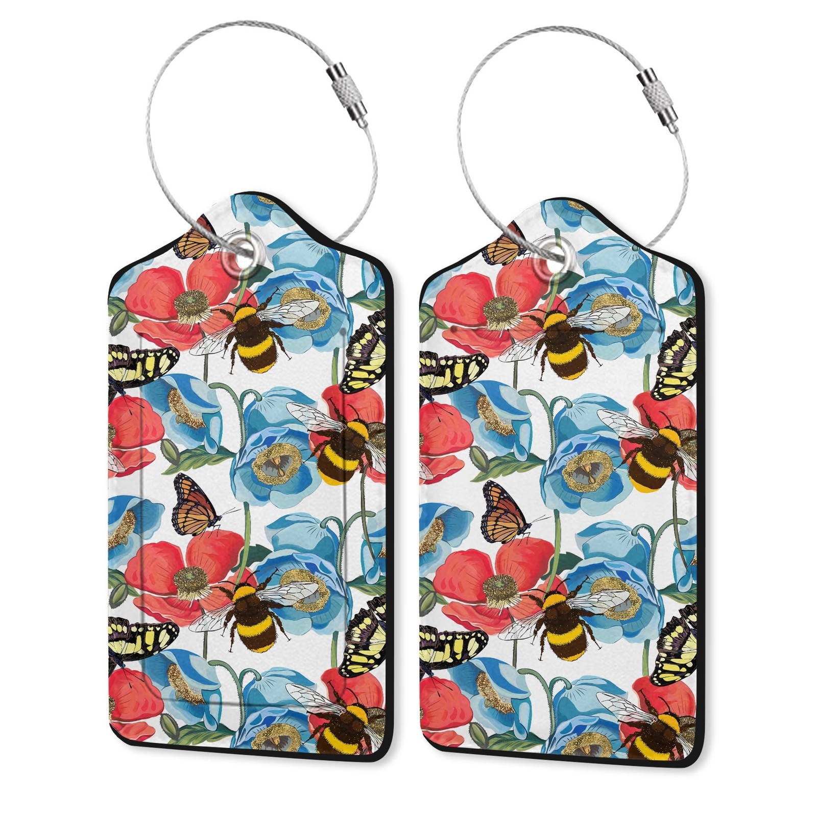 2 Pack PU Leahter Luggage Tag with Stainless Steel Loop,Bee with Red Poppy Fl...