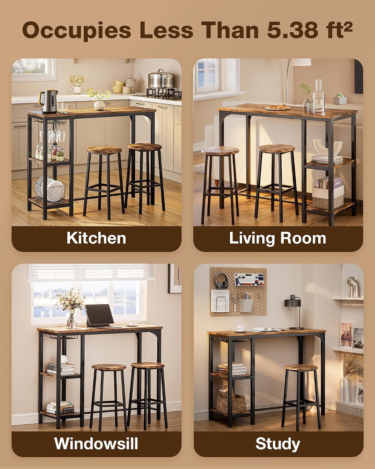 3-Piece Bar Table Set 2 Bar Height Table W/ Stools & 2 Storage Shelves Small Bar