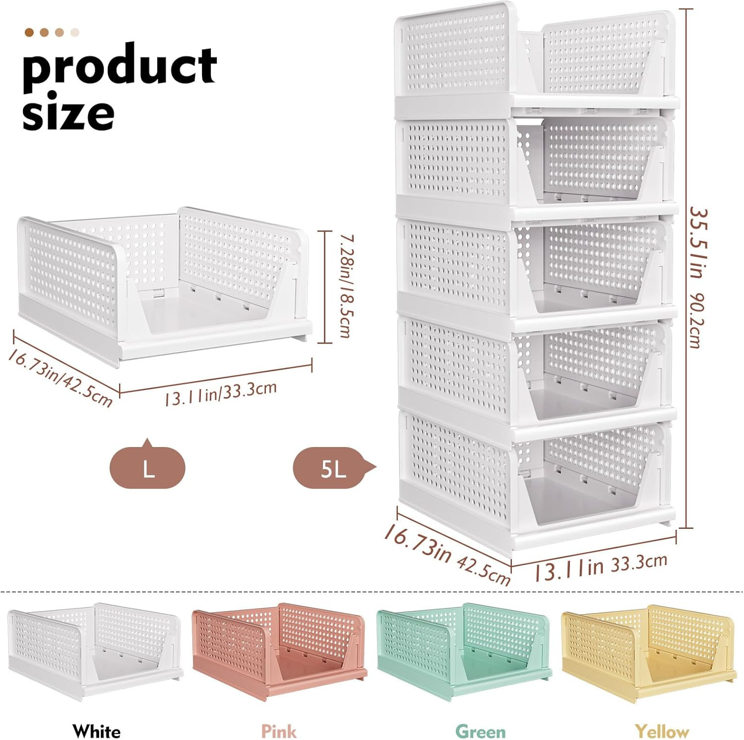 5 Pack Stackable Closet Storage Basket, Multifunctional & Foldable Closet Organi