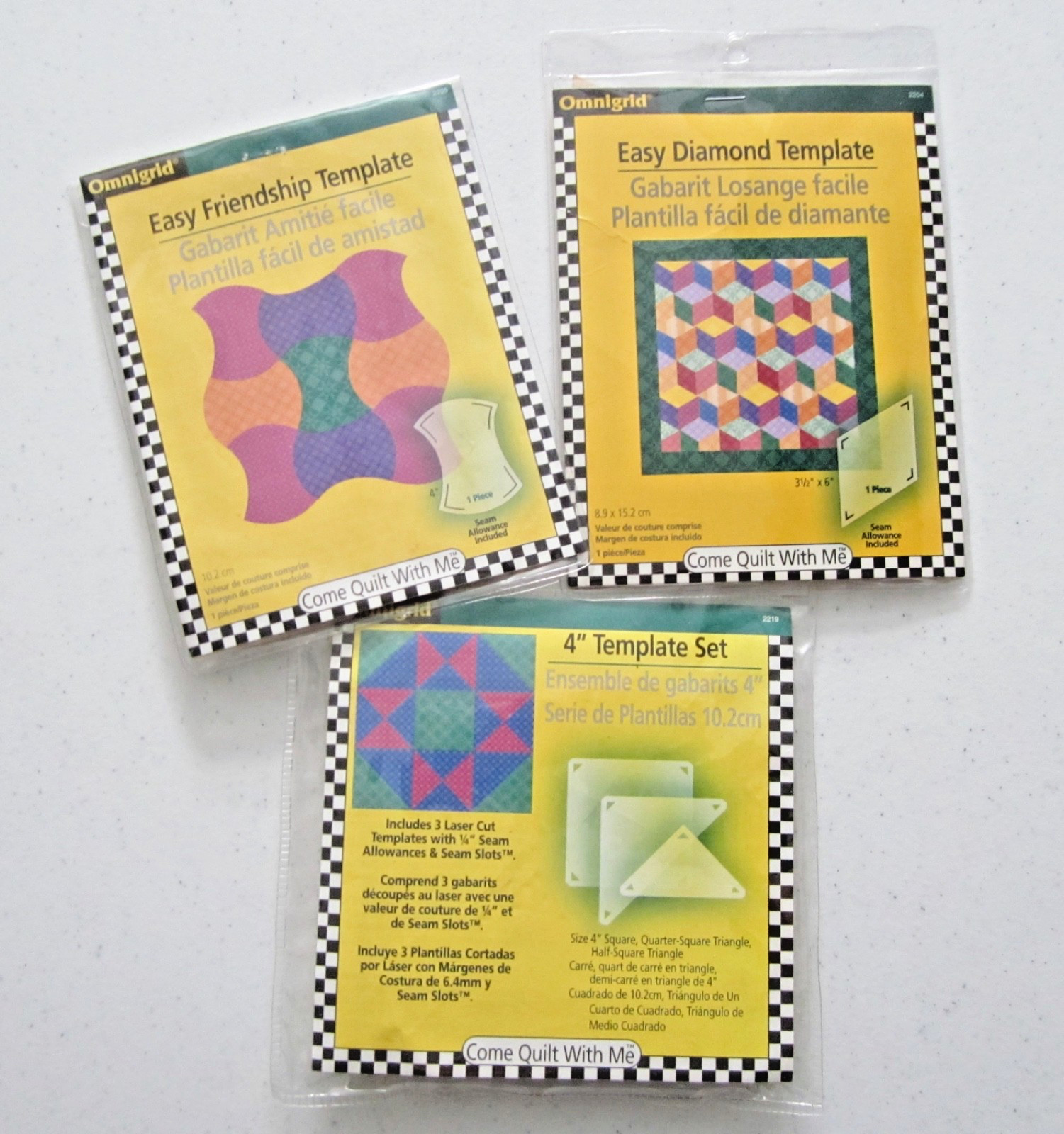 Set of 3 Omnigrid Quilting Templates Friendship Diamond 4" Square Half-Square