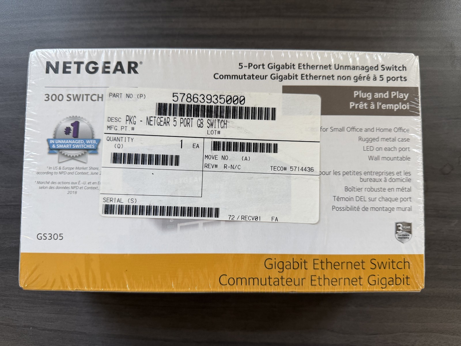NETGEAR GS305 5 Port Gigabit Ethernet Unmanaged Switch - New in Box