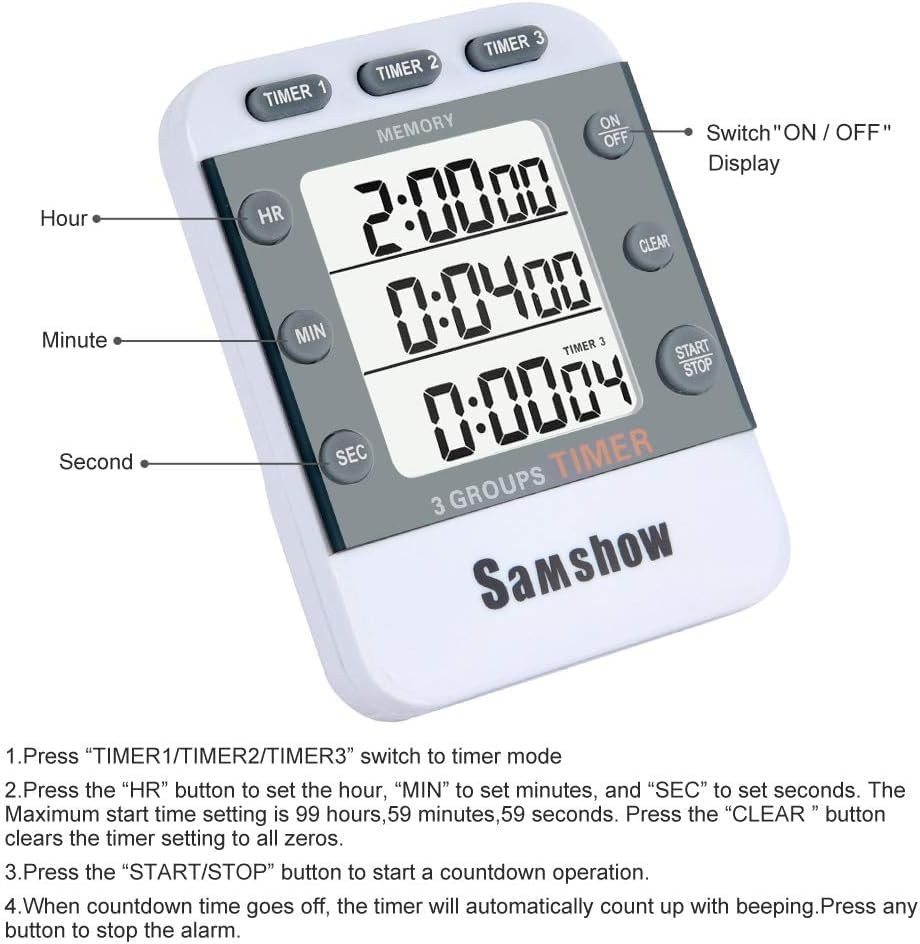 Digital Kitchen Timer Dual Timers 3 Channels Count Up/Down Timer Cooking Timer L