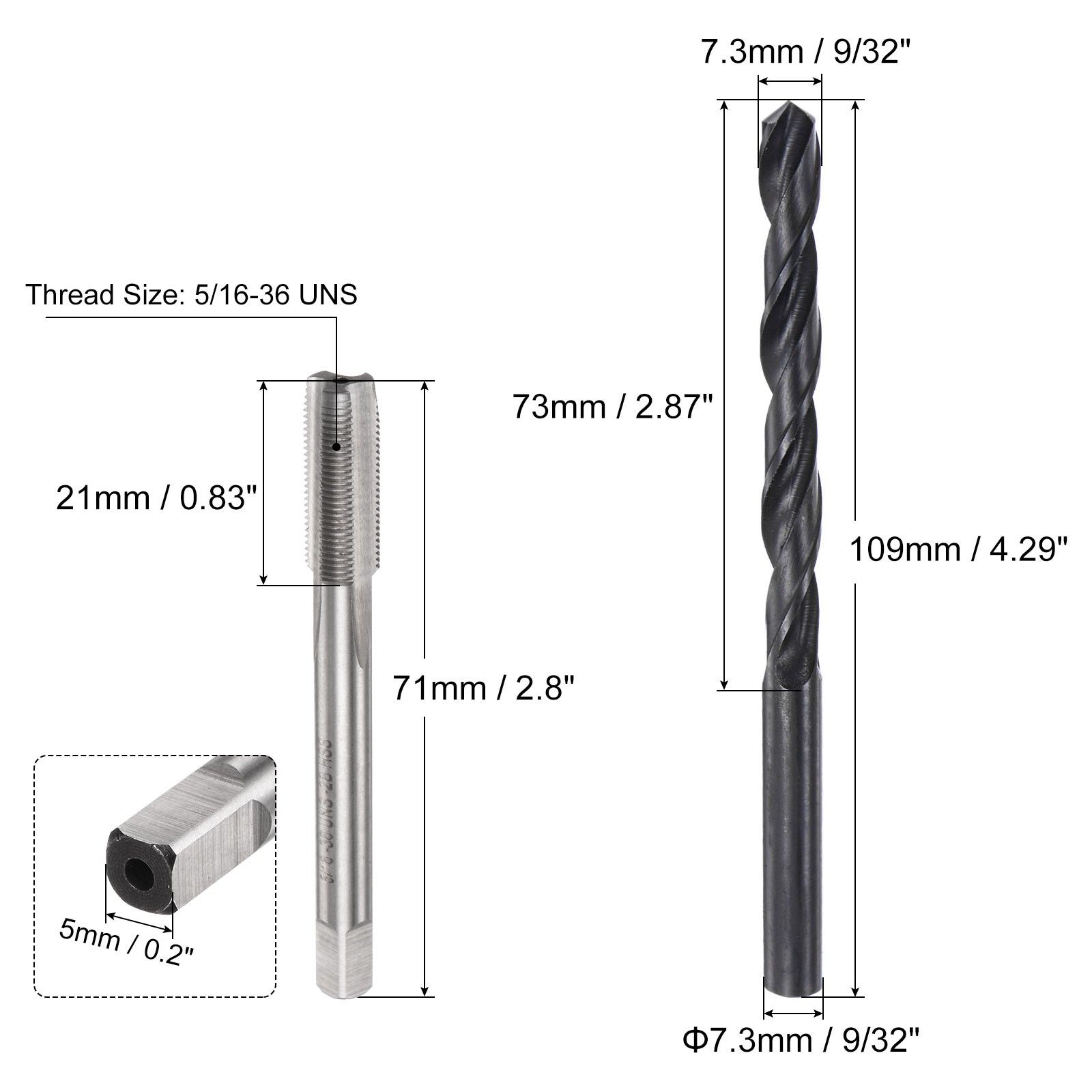 Tap Drill Bit Set 5/16-36 UNS Thread Tap 9/32" Black Oxide Twist Drill Bit