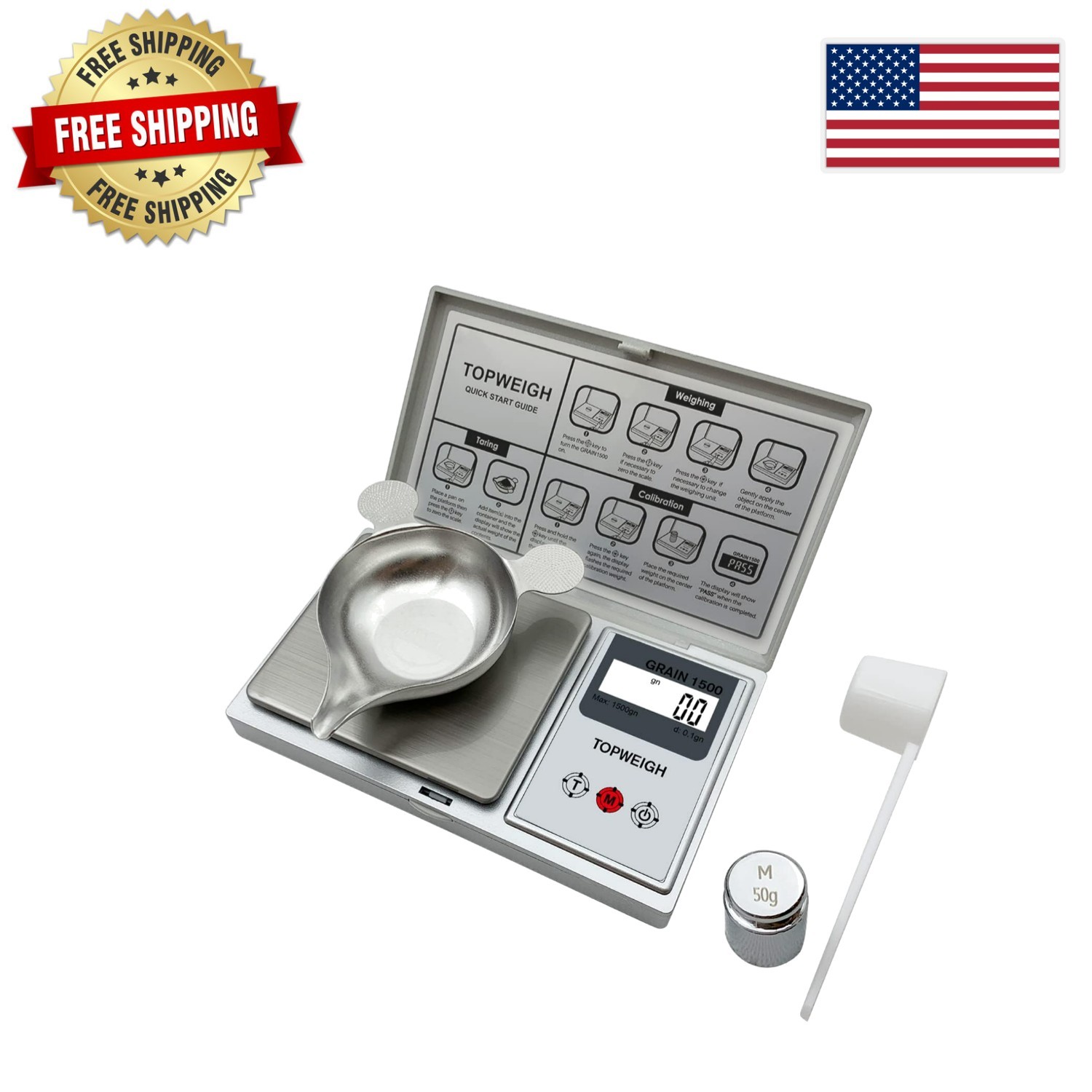 Accurate Reloading Scale with LCD Backlight & Calibration Weight - Silver Finish