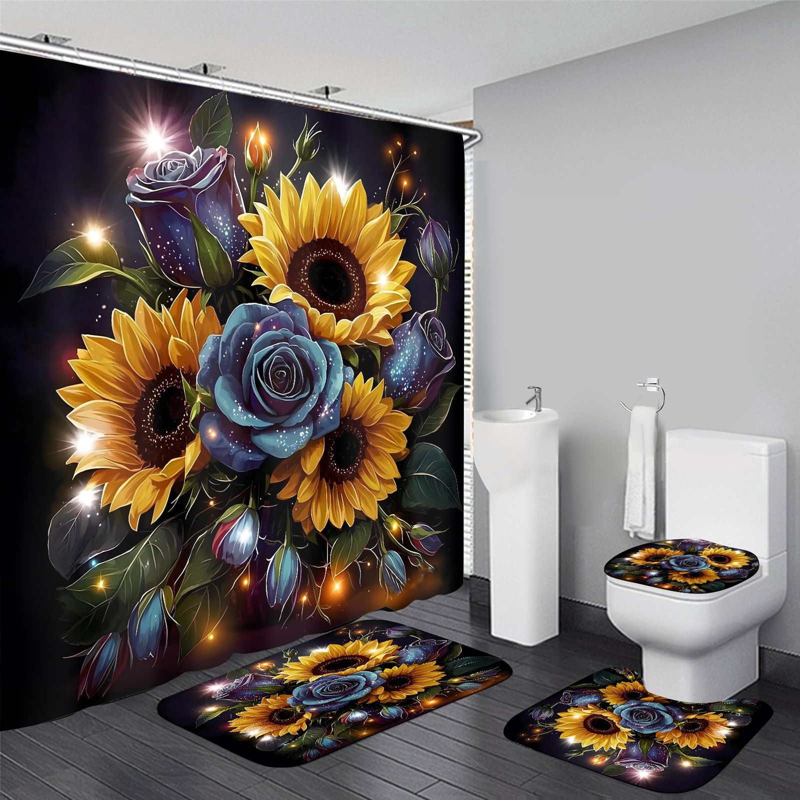 Sunflower Rose Shower Curtain Rugs Set Glitter Flower Bathroom Decor Kits