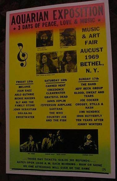 1969 WOODSTOCK MUSIC FESTIVAL CONCERT POSTER ART 60's Grateful Dead Bethel NY