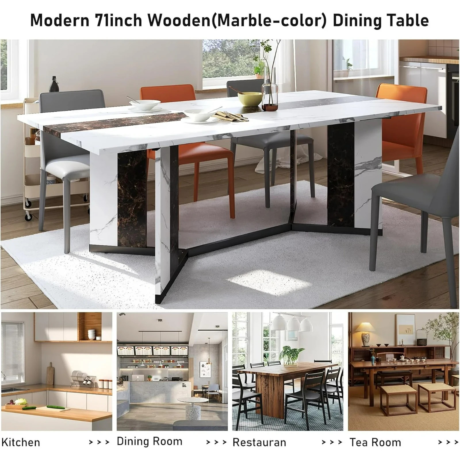 6 ft Large Modern Rectangular Dining Table for 6-8 People White Faux Marble Fin