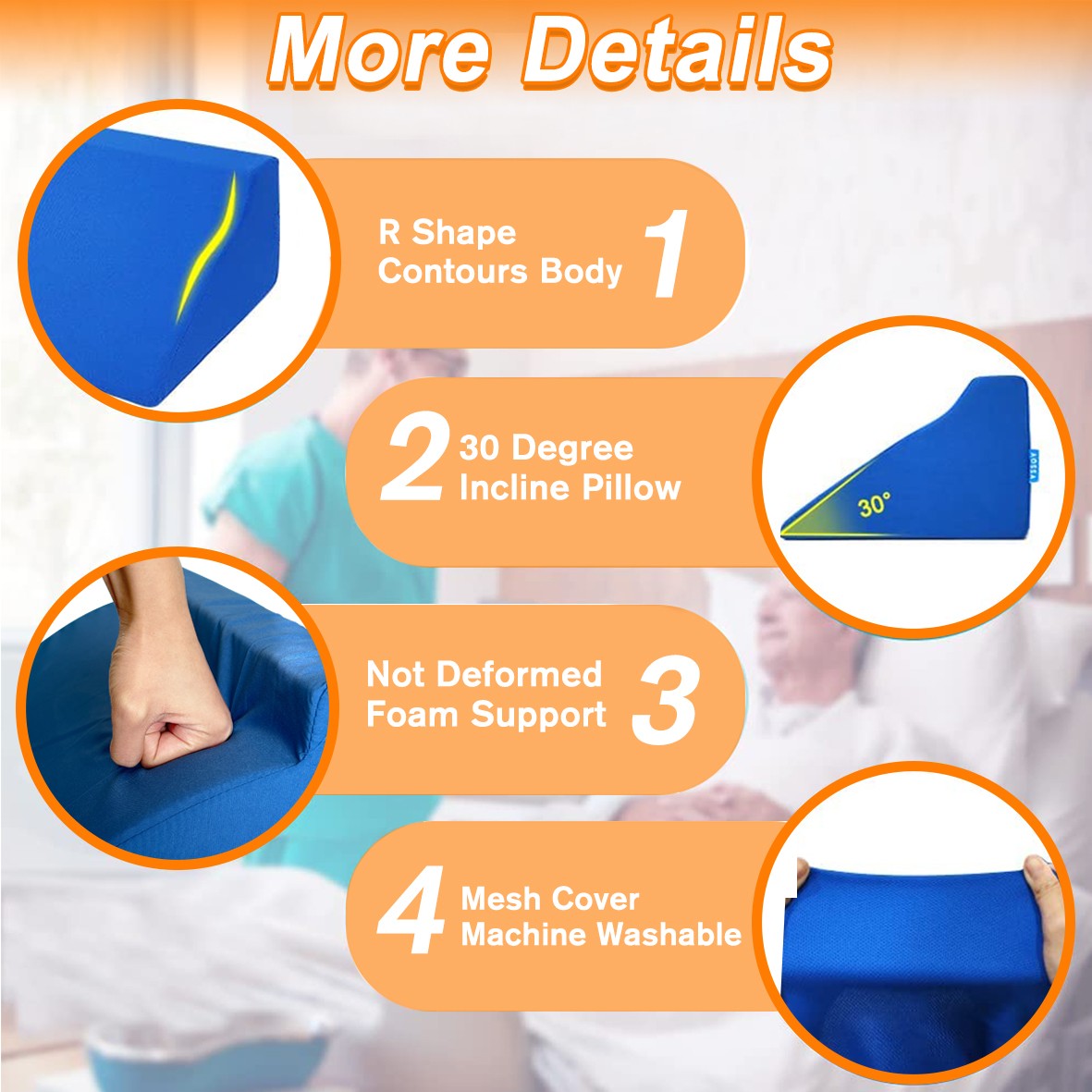 30° Incline Wedge Pillow Foam Bed For Side Sleeper Medical Elevated Bolster Blue